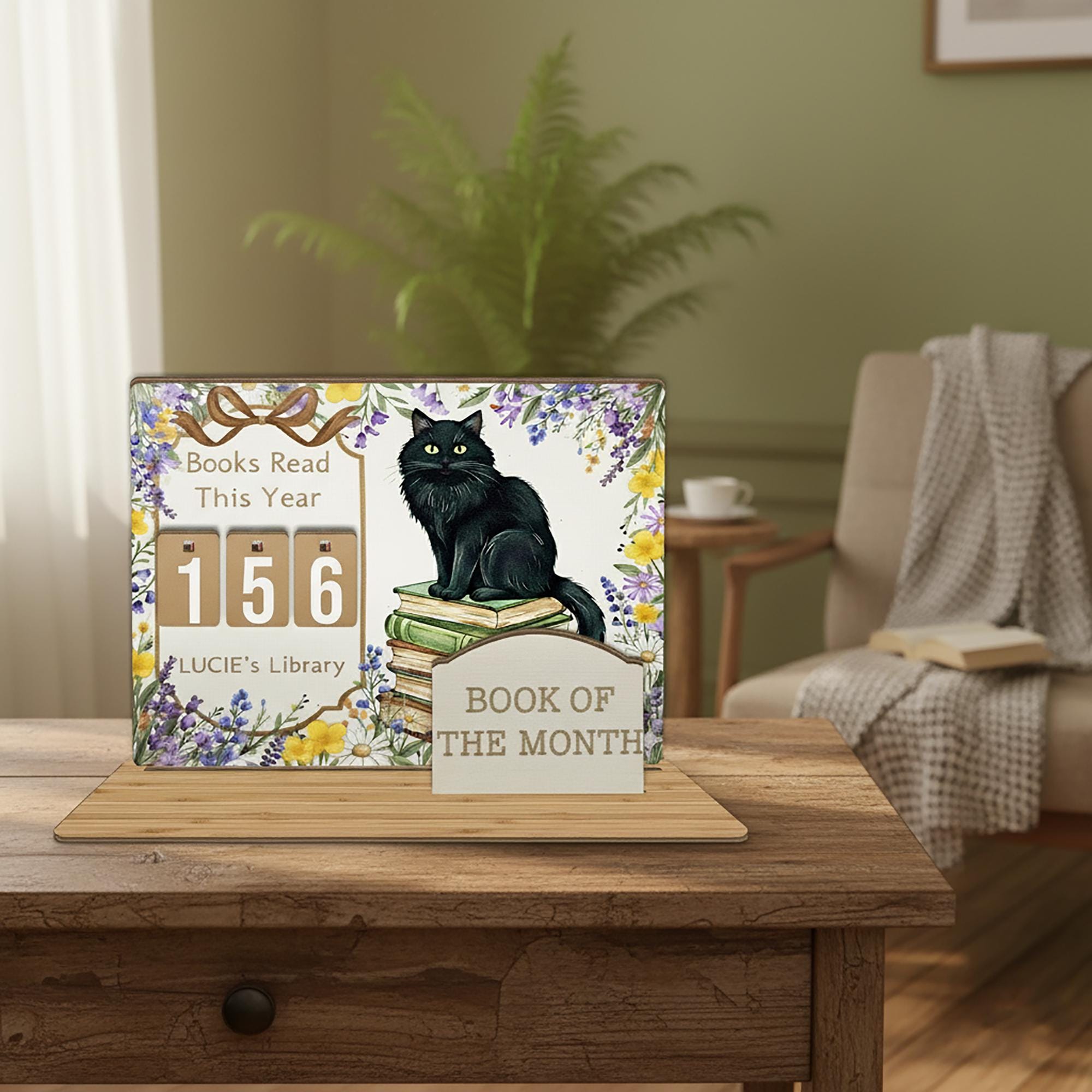 Custom Cat Book Stand with Reading Counter - Floral Library Decor for Book Lovers image 2