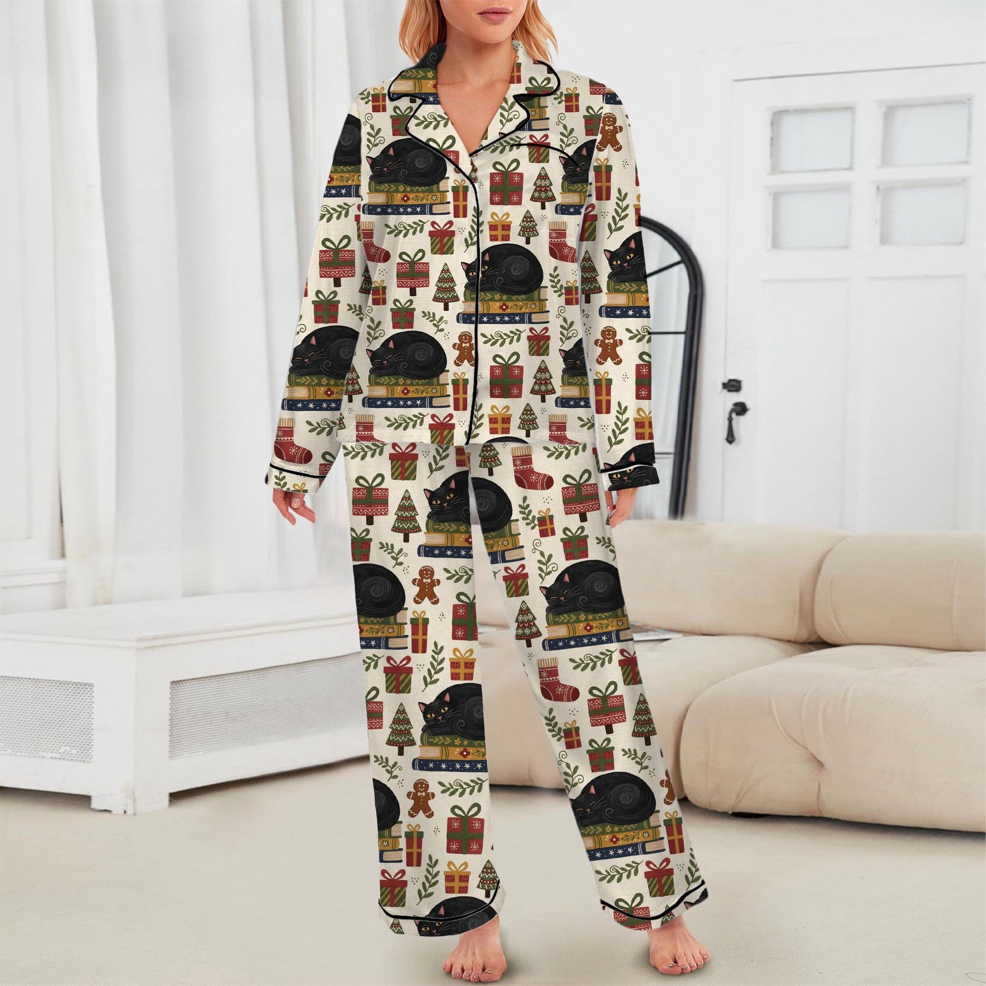 Black Cat Christmas Pajama Set: Satin Sleepwear for Book Lovers image 2
