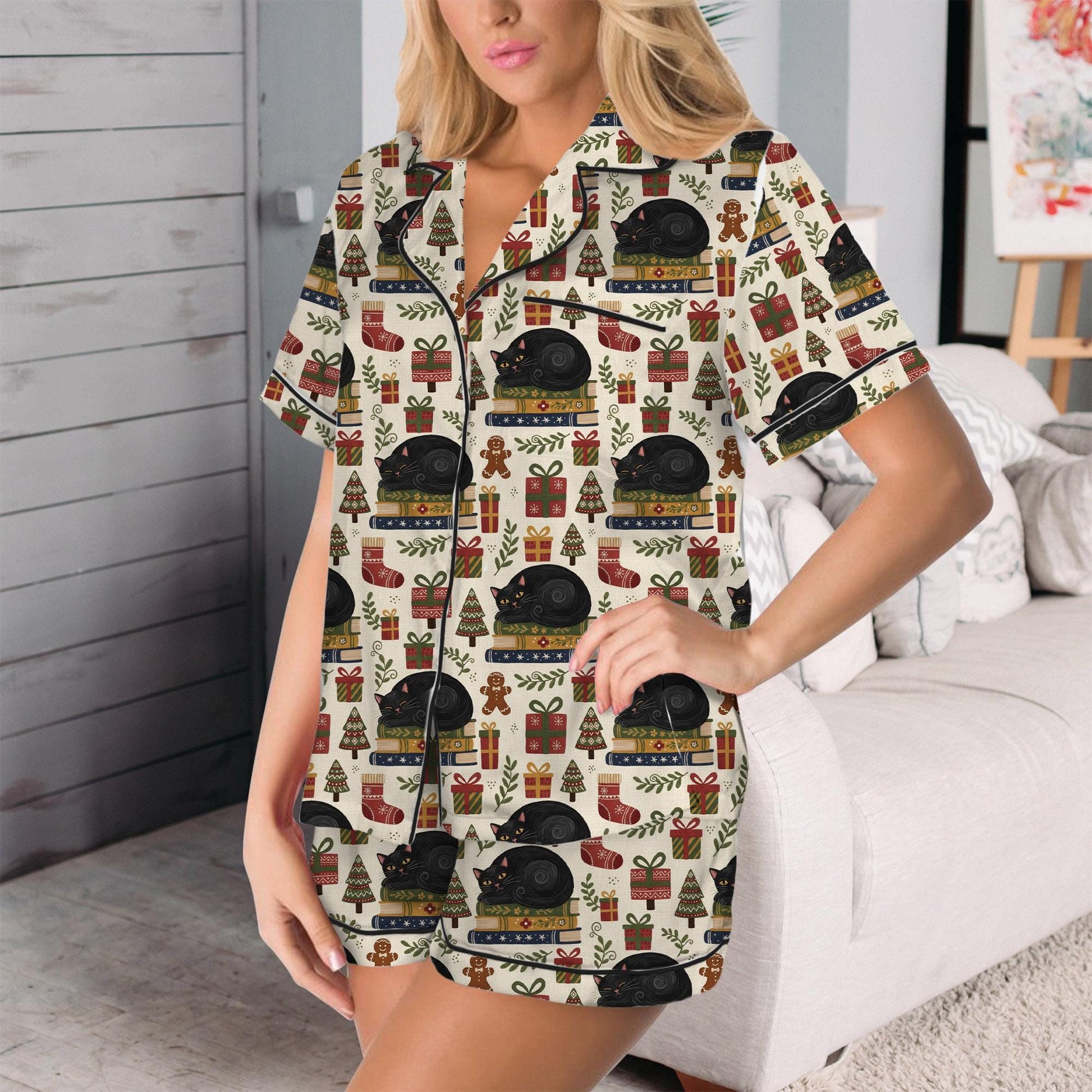 Black Cat Christmas Pajama Set: Satin Sleepwear for Book Lovers image 4