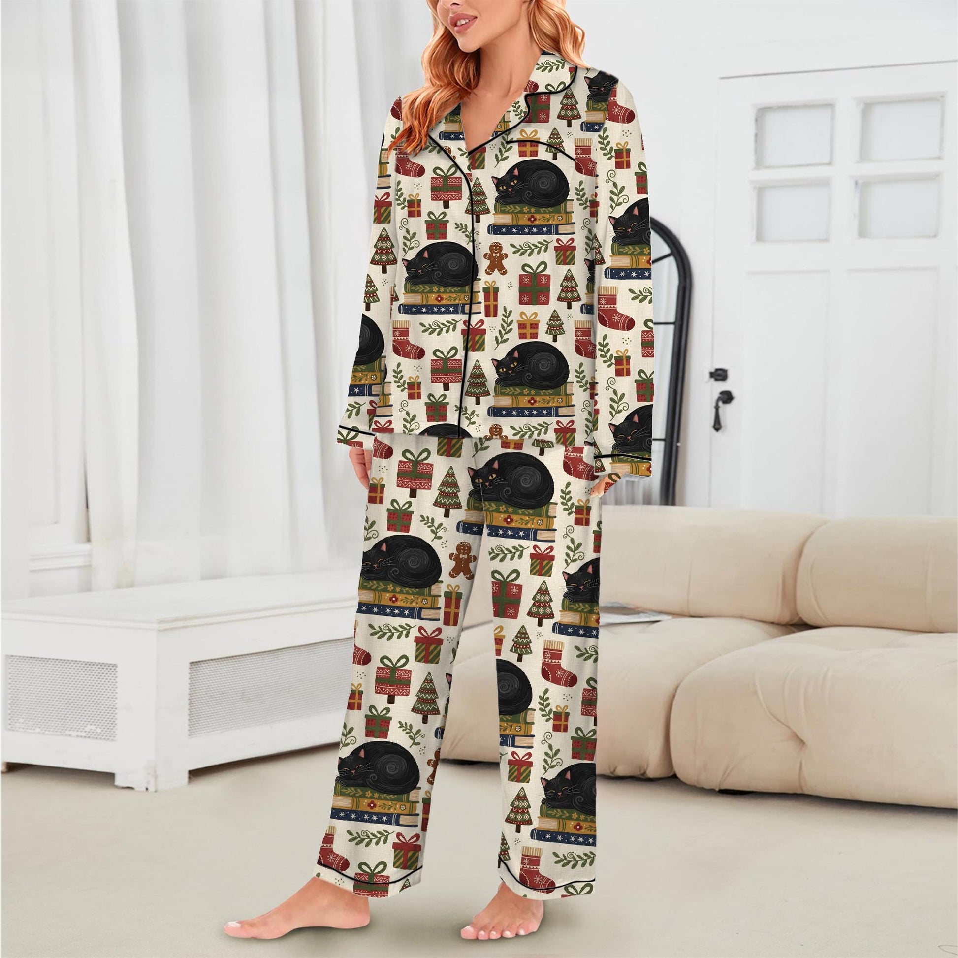 Black Cat Christmas Pajama Set: Satin Sleepwear for Book Lovers image 1