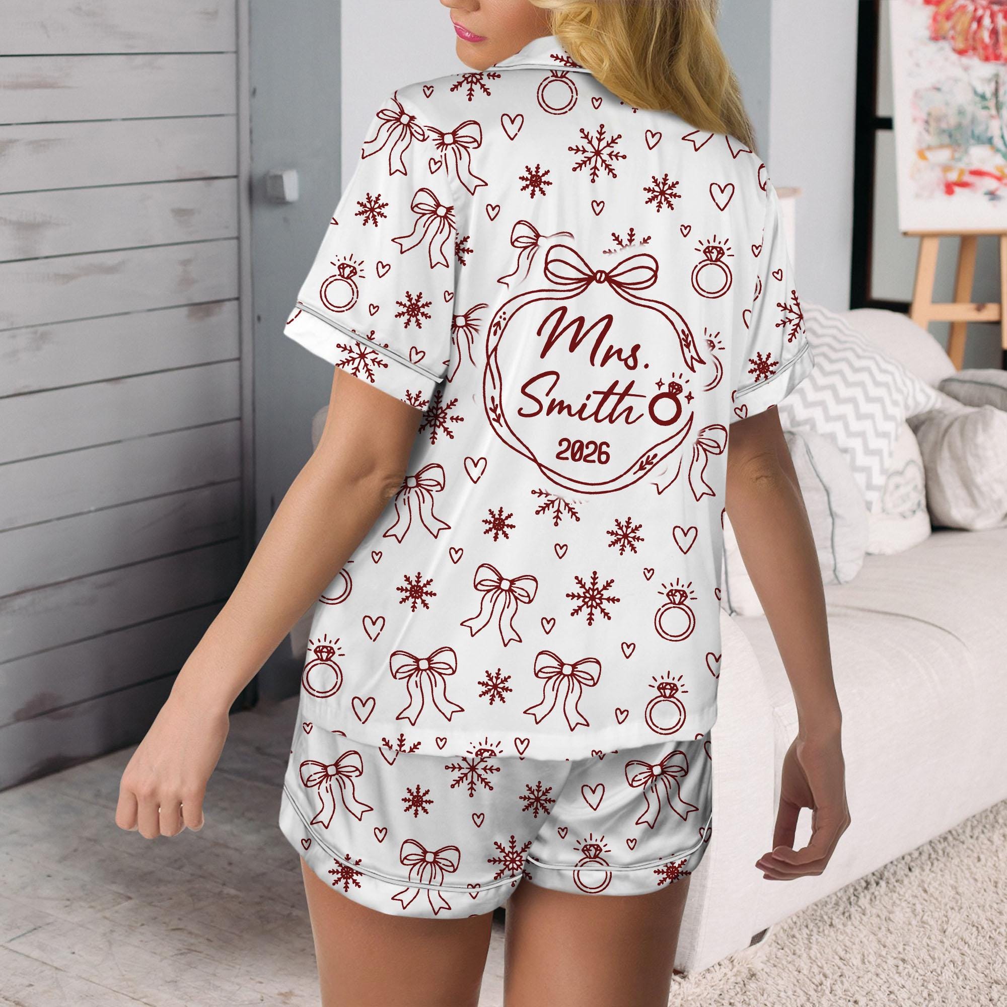 Personalized Last Christmas as a Miss 2025 Satin Pajama Set: Bride Holiday Sleepwear Gift image 1