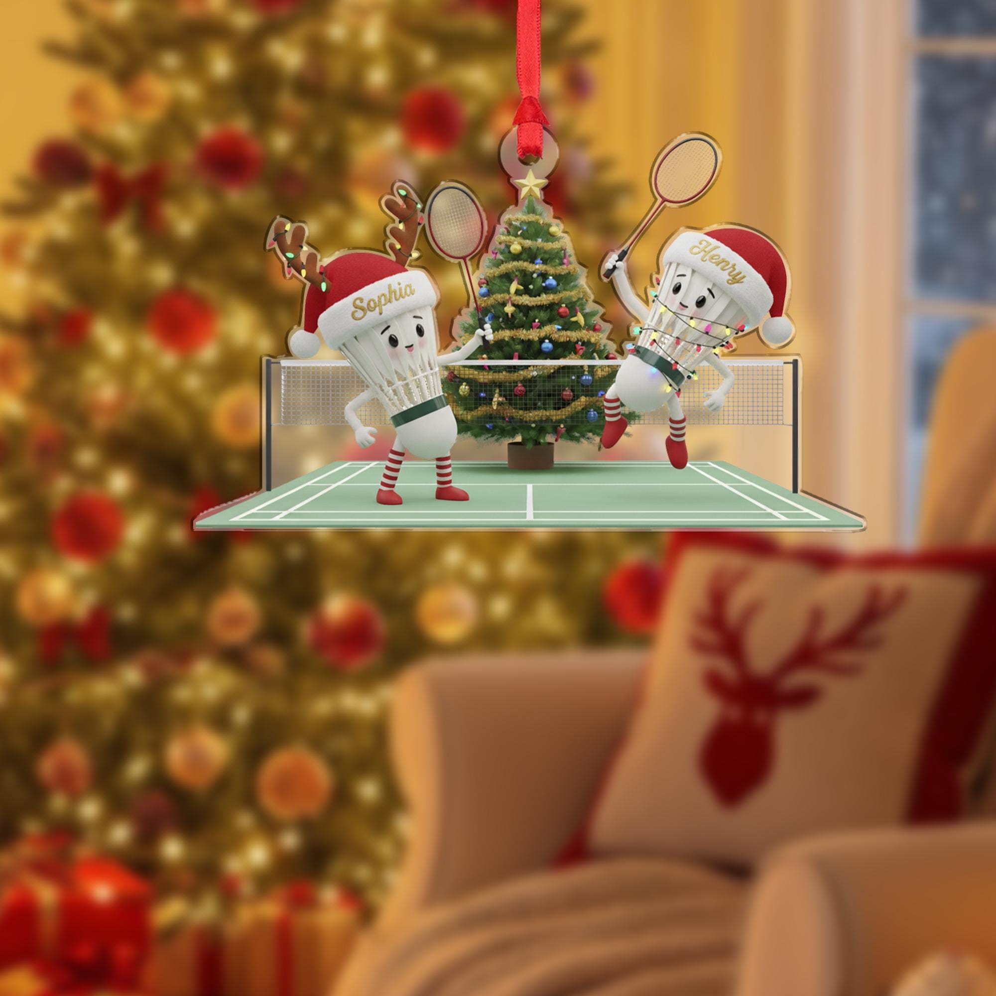 Personalized Acrylic Christmas Ornament: Badminton Players, Custom Name Shuttlecock Couple image 2