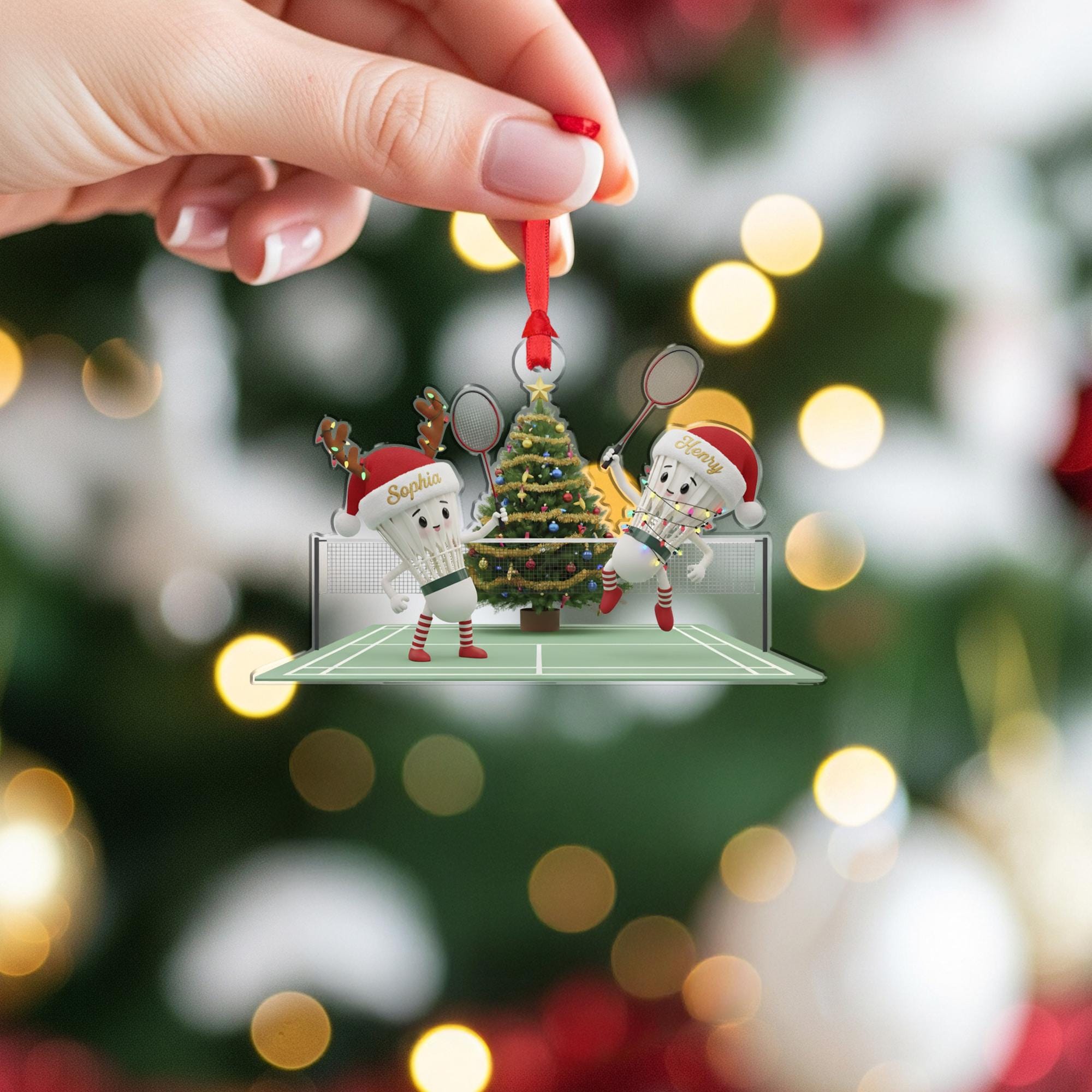 Personalized Acrylic Christmas Ornament: Badminton Players, Custom Name Shuttlecock Couple image 5