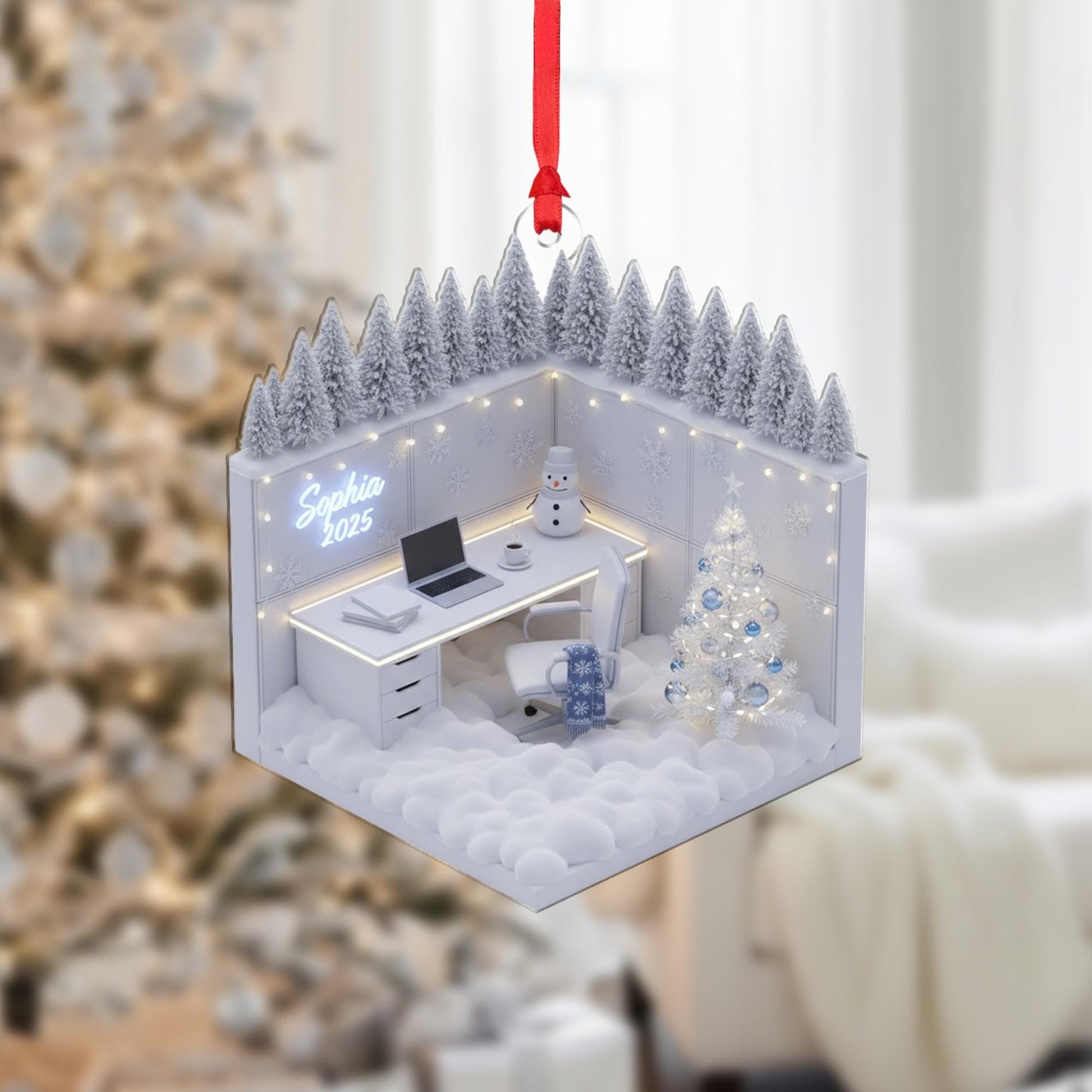 Personalized Acrylic Christmas Ornament: Miniature Office, Custom Name Sign, Winter Diorama image 2