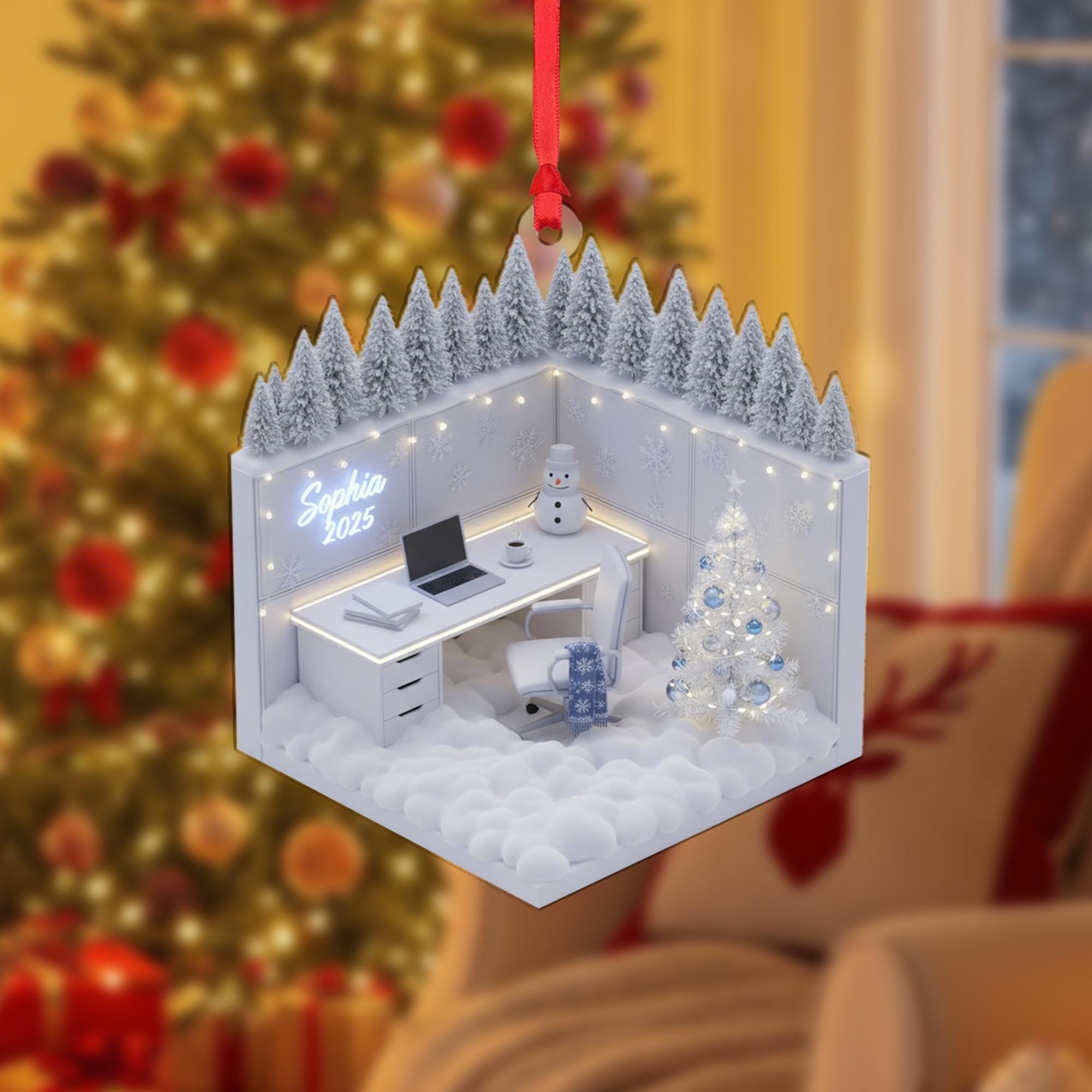 Personalized Acrylic Christmas Ornament: Miniature Office, Custom Name Sign, Winter Diorama image 1