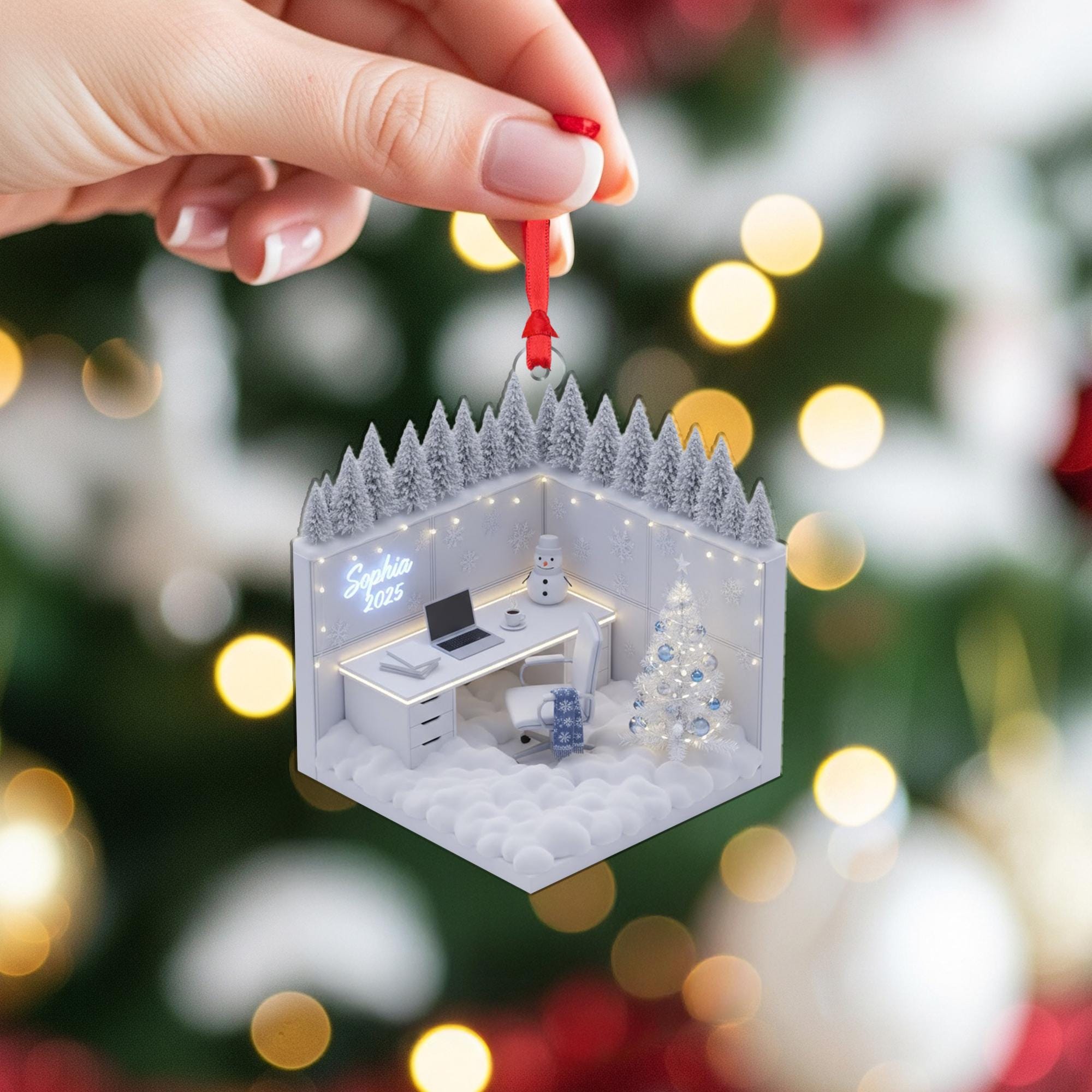 Personalized Acrylic Christmas Ornament: Miniature Office, Custom Name Sign, Winter Diorama image 5