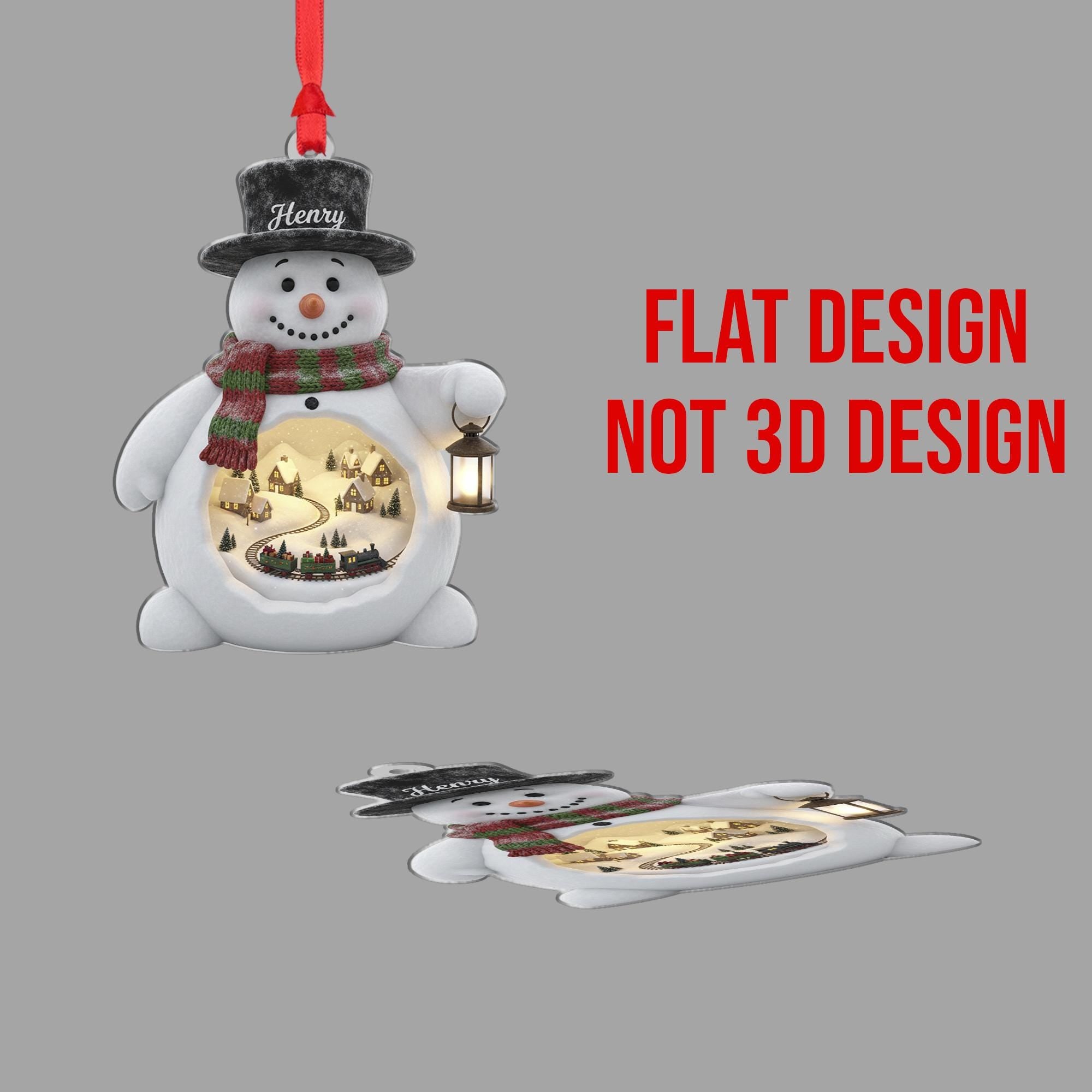 Personalized Acrylic Snowman Ornament: Light-Up Winter Diorama, Custom Name Hat, Miniature Train Scene image 3