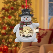 Personalized Acrylic Snowman Ornament: Light-Up Winter Diorama, Custom Name Hat, Miniature Train Scene image 1