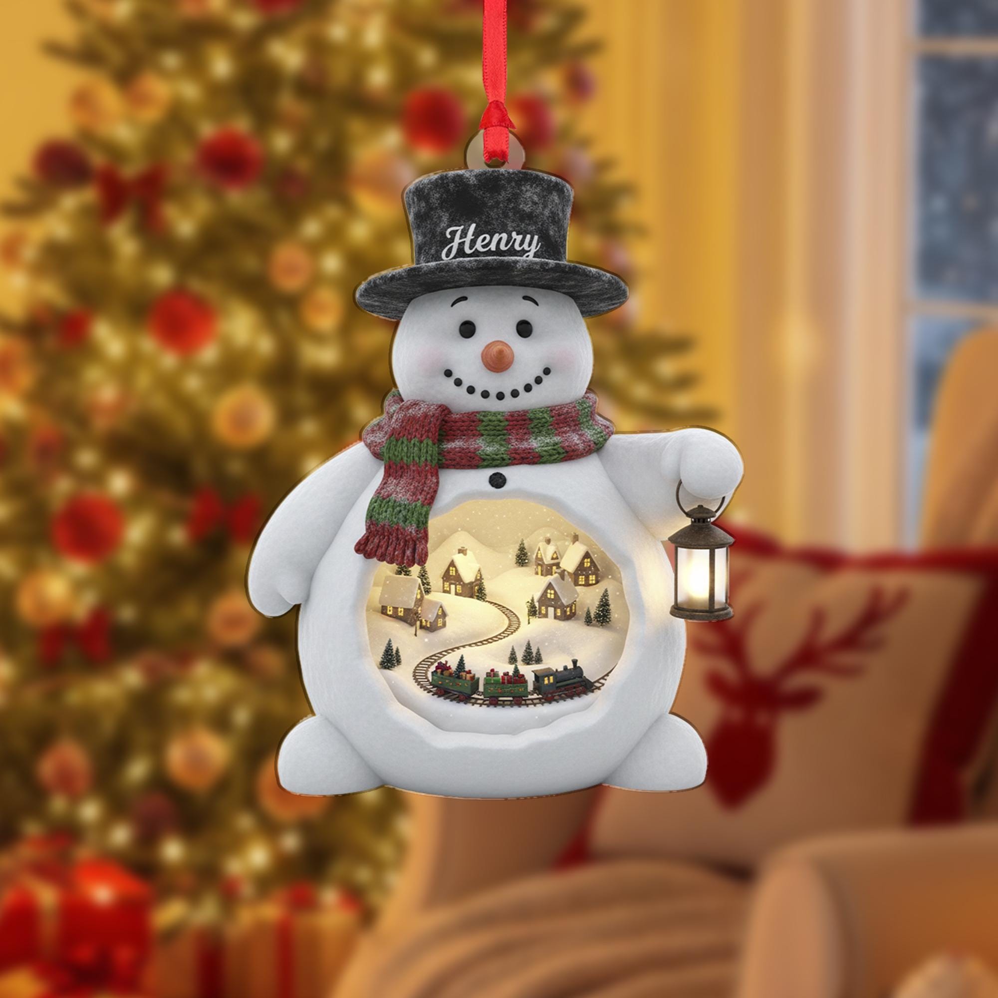 Personalized Acrylic Snowman Ornament: Light-Up Winter Diorama, Custom Name Hat, Miniature Train Scene image 1