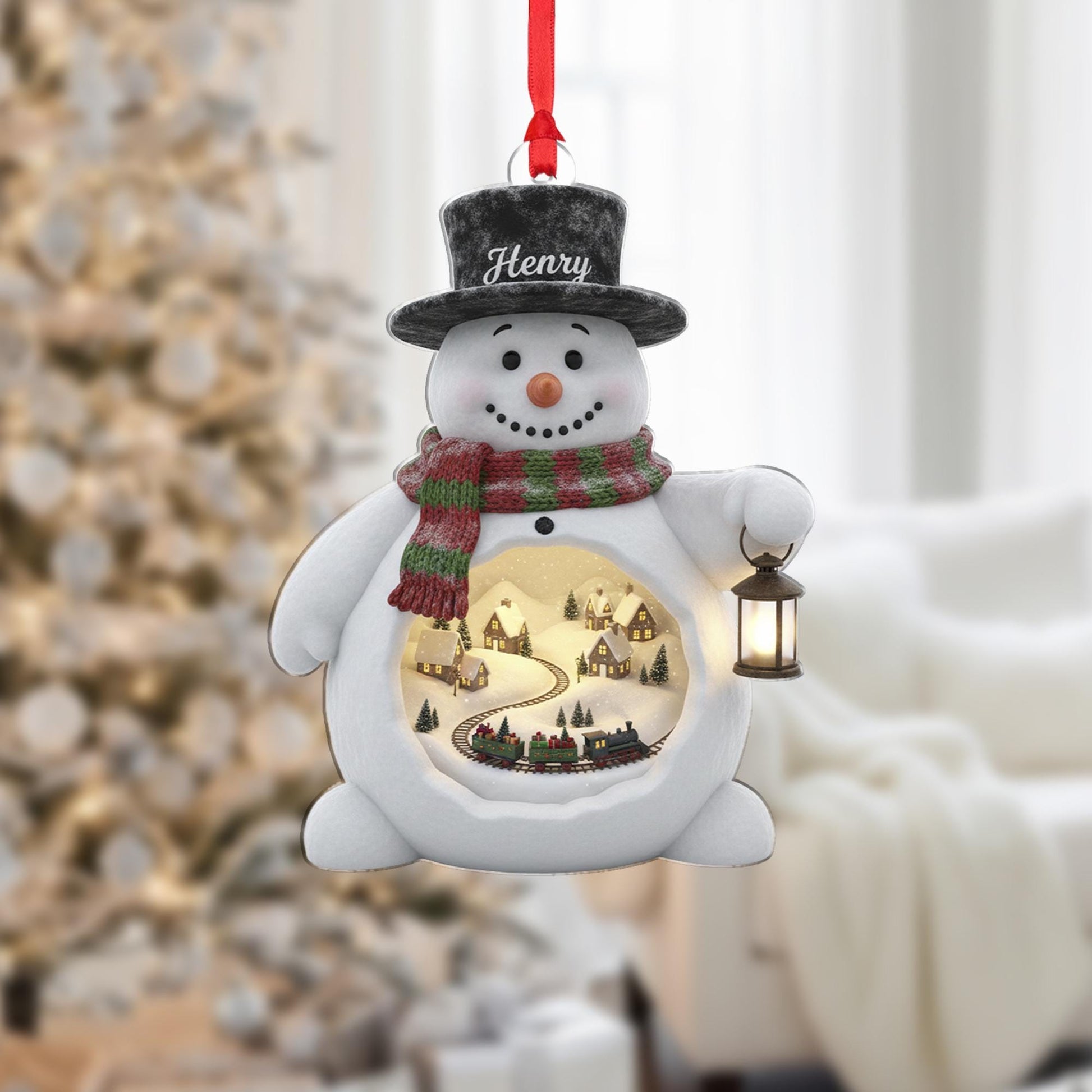 Personalized Acrylic Snowman Ornament: Light-Up Winter Diorama, Custom Name Hat, Miniature Train Scene image 2