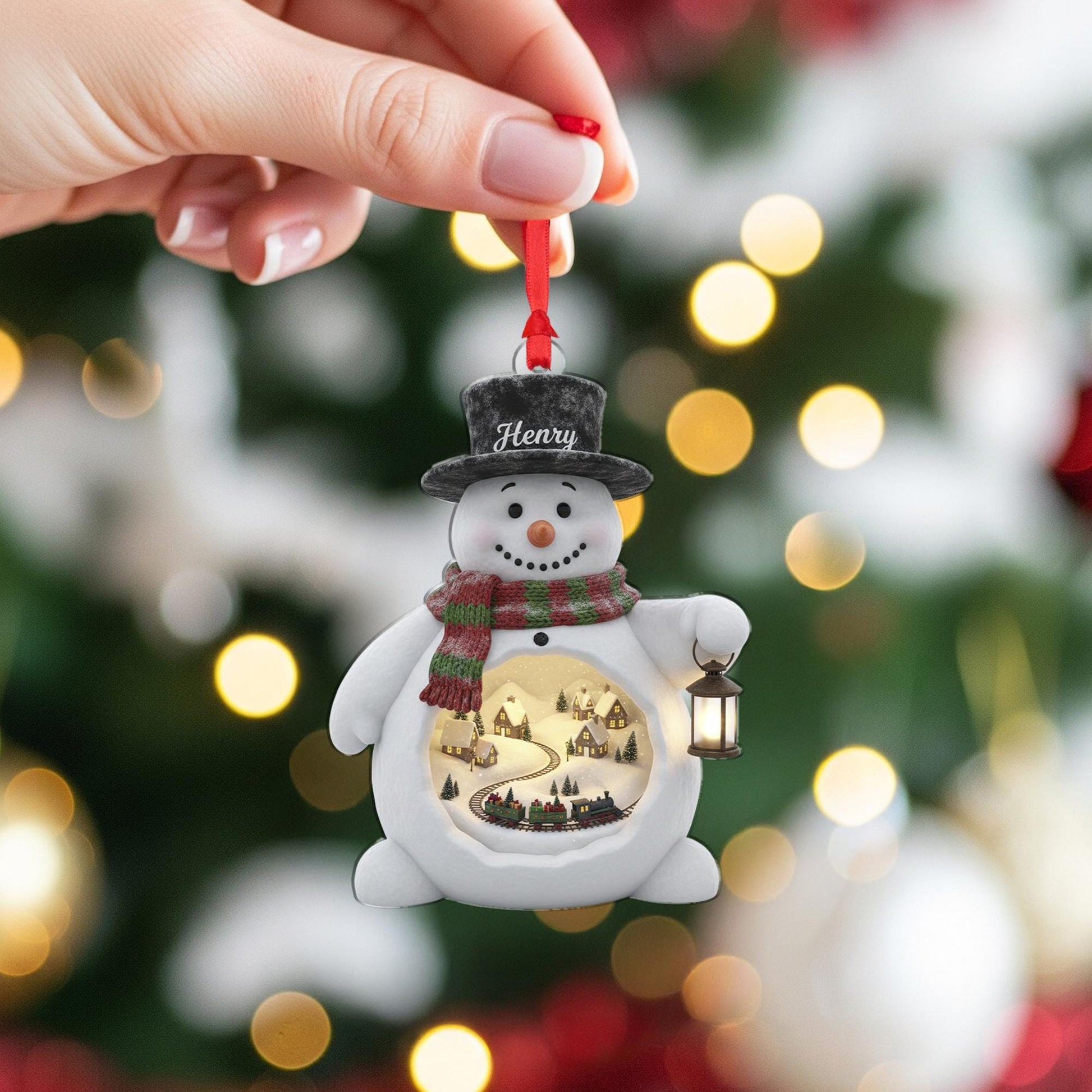 Personalized Acrylic Snowman Ornament: Light-Up Winter Diorama, Custom Name Hat, Miniature Train Scene image 5