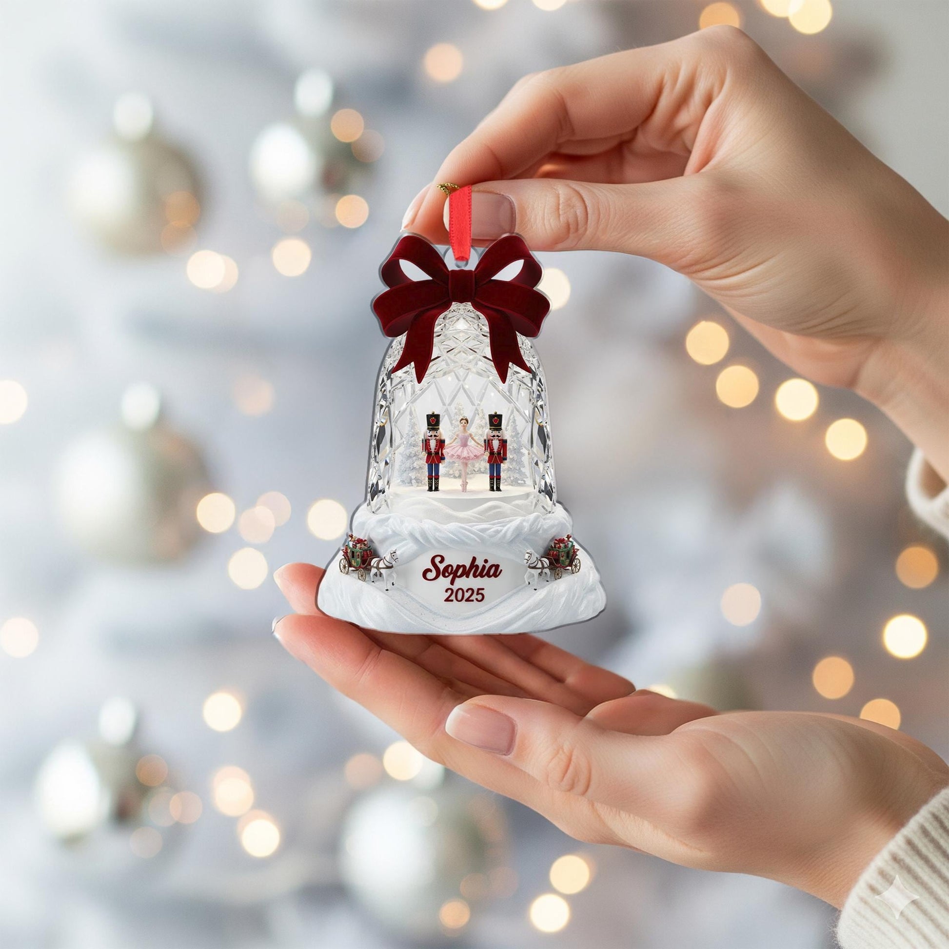Personalized Acrylic Bell Ornament: Nutcracker Diorama, Custom Name, Ballerina Scene image 4