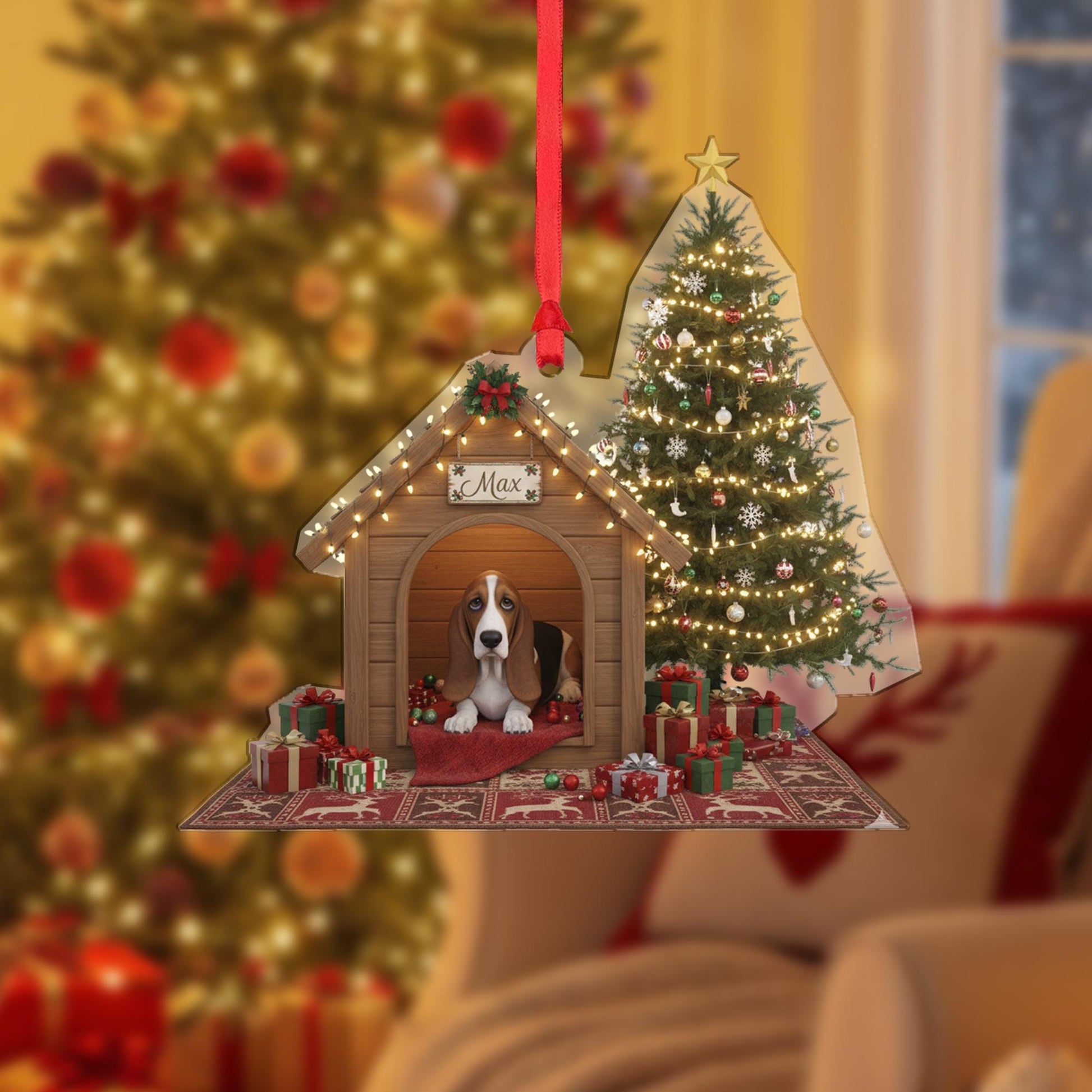 Personalized Acrylic Christmas Ornament: Basset Hound, Custom Name Doghouse, Light-Up Scene image 2