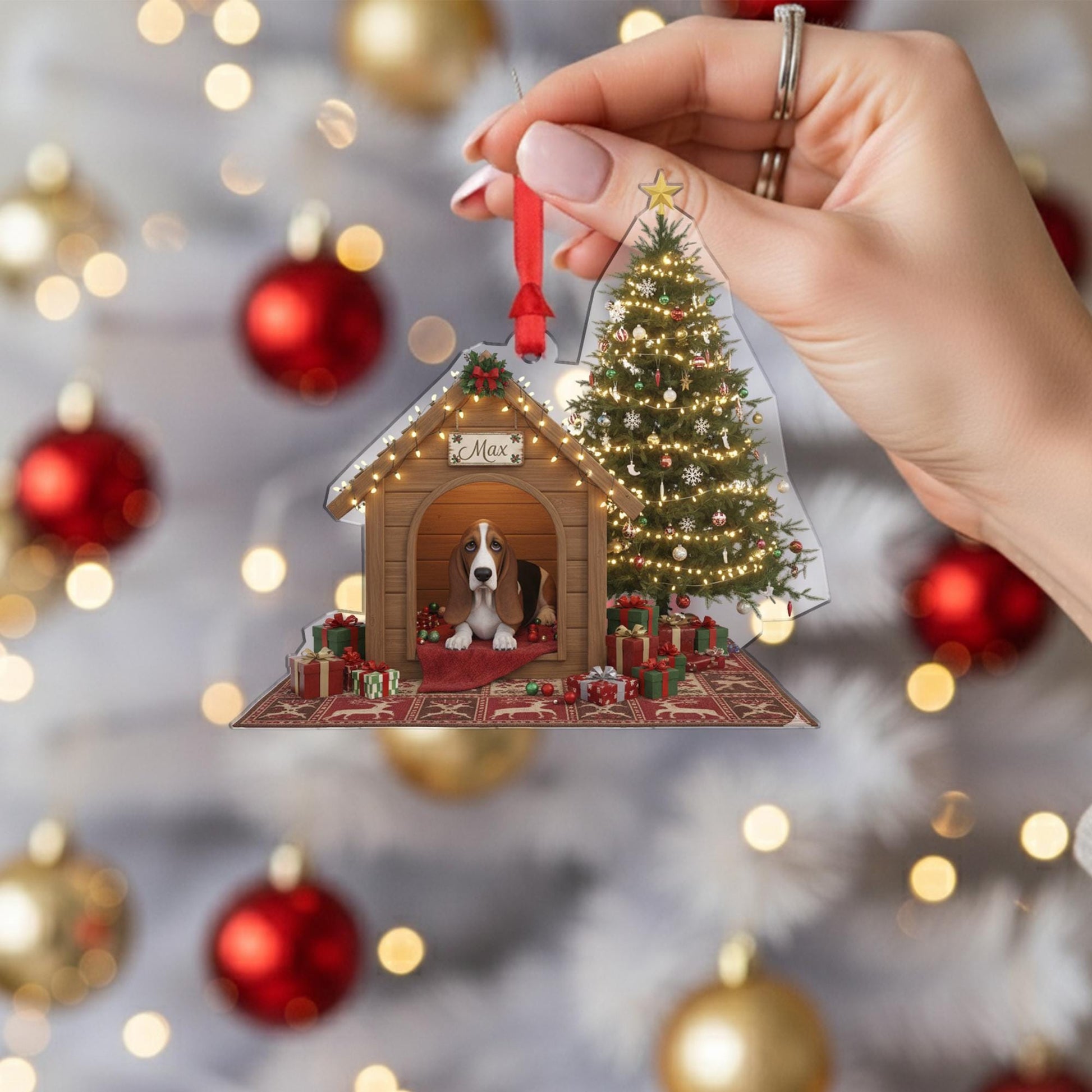 Personalized Acrylic Christmas Ornament: Basset Hound, Custom Name Doghouse, Light-Up Scene image 6