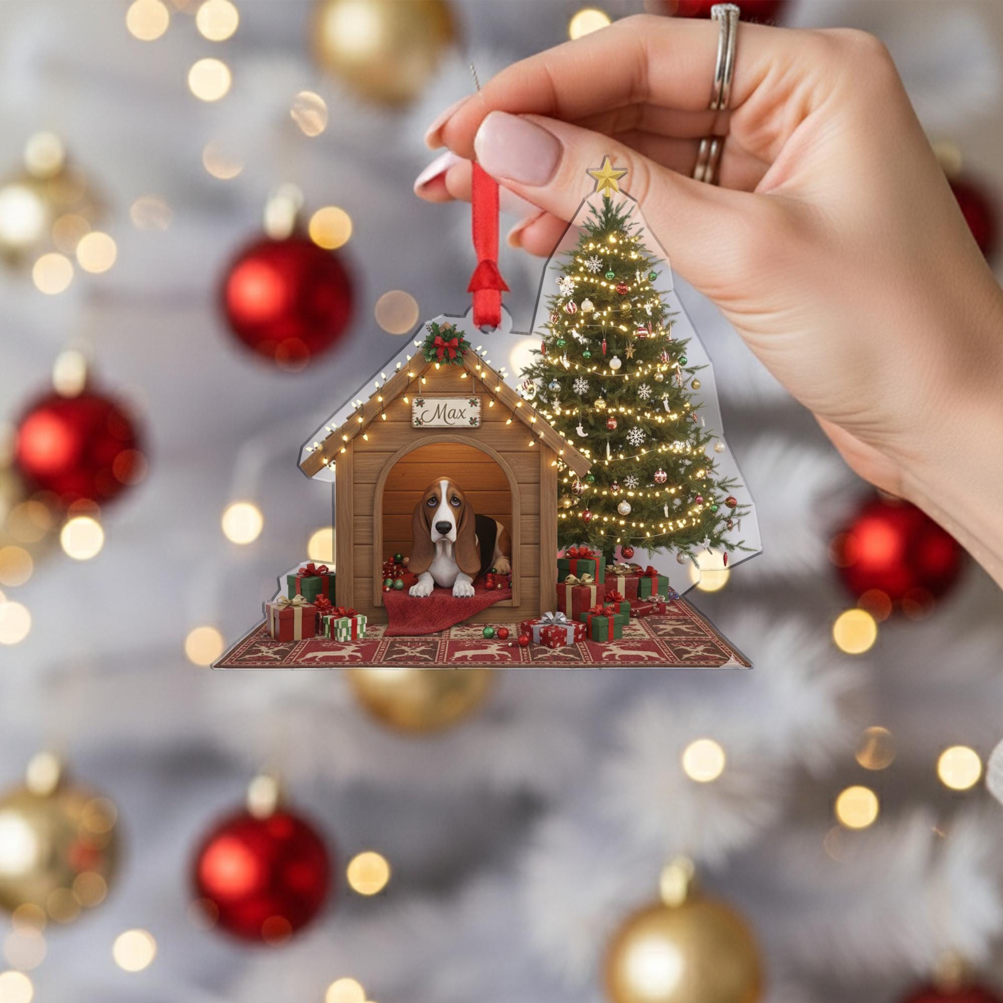 Personalized Acrylic Christmas Ornament: Basset Hound, Custom Name Doghouse, Light-Up Scene image 6