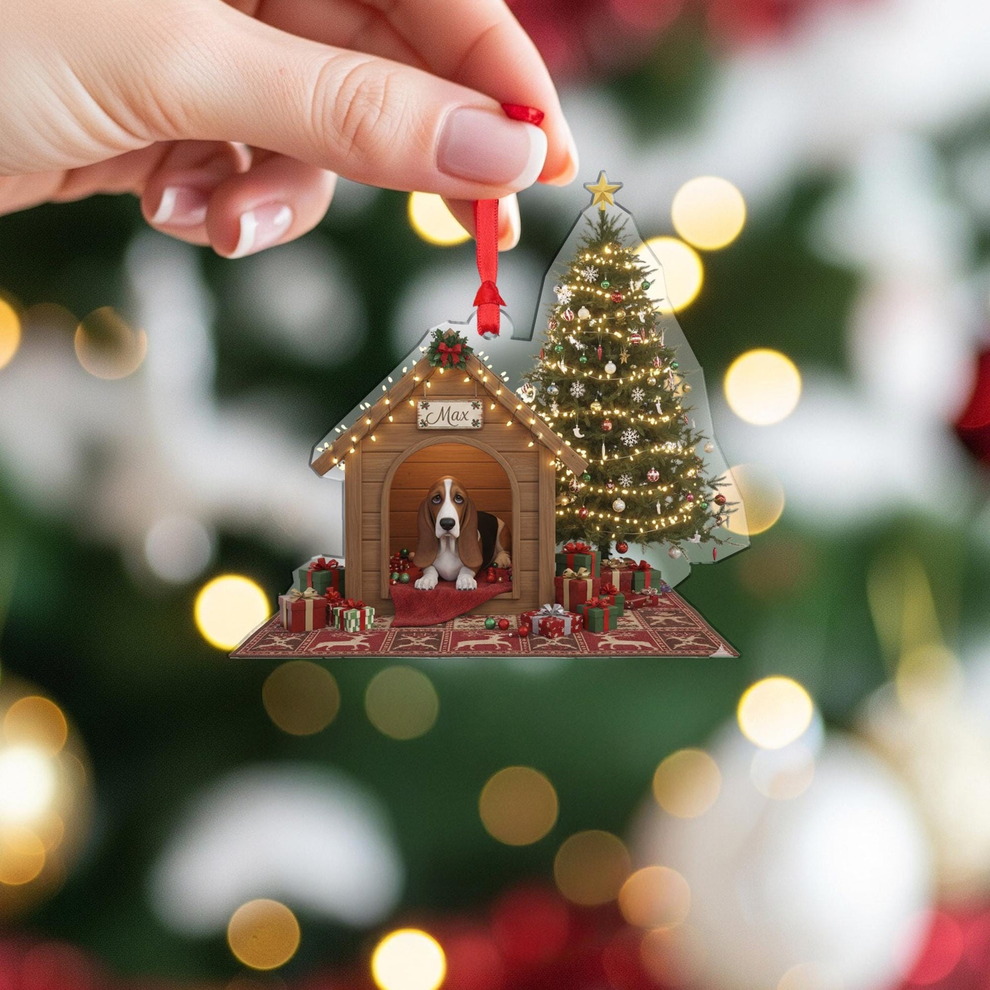 Personalized Acrylic Christmas Ornament: Basset Hound, Custom Name Doghouse, Light-Up Scene image 5