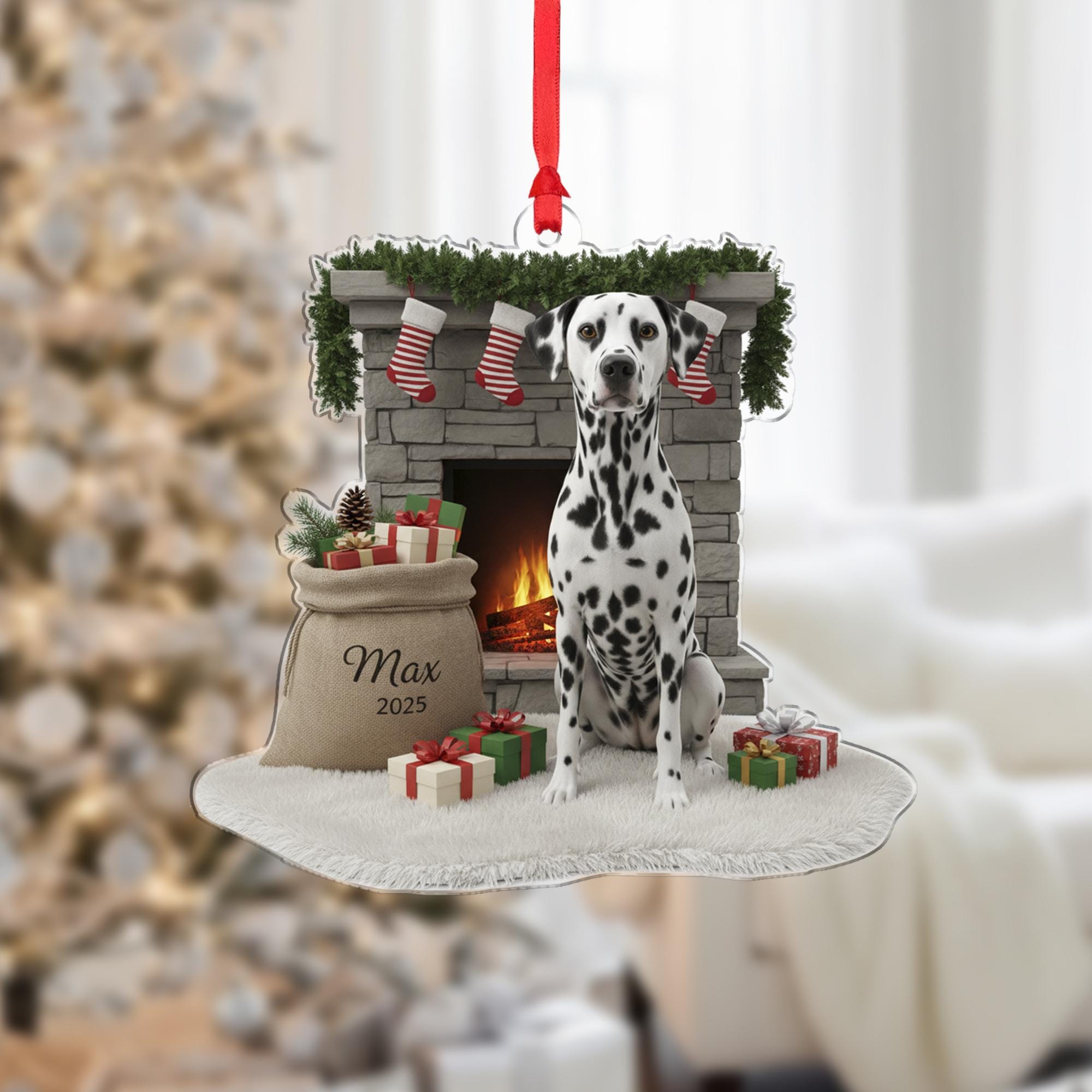 Personalized Acrylic Christmas Ornament: Dalmatian Dog, Custom Name Santa Sack, Fireplace Scene image 2