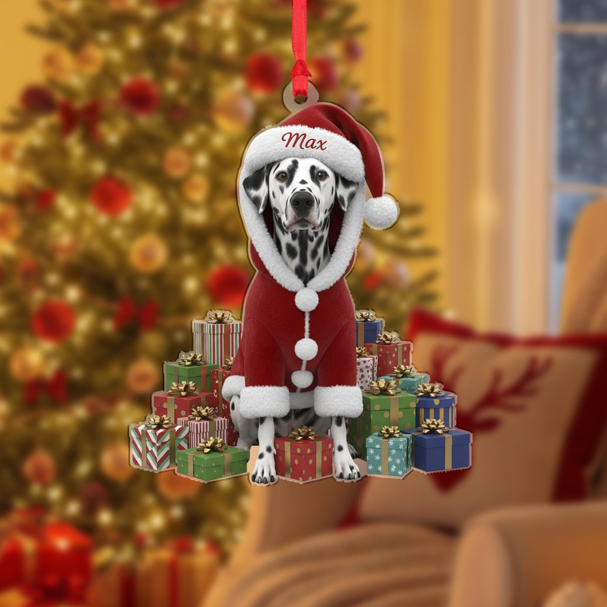 Personalized Acrylic Christmas Ornament: Dalmatian Dog, Custom Name Hat, Santa Suit image 1