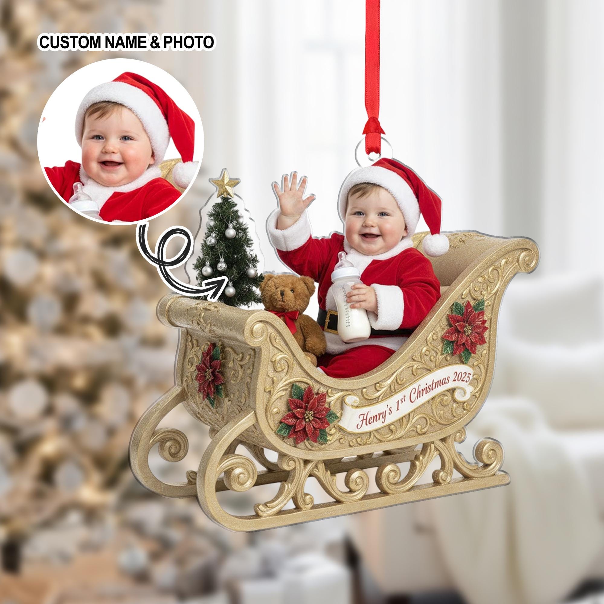 Personalized Acrylic Ornament: Santa Sleigh, Custom Photo Insert, Baby's 1st Christmas image 1