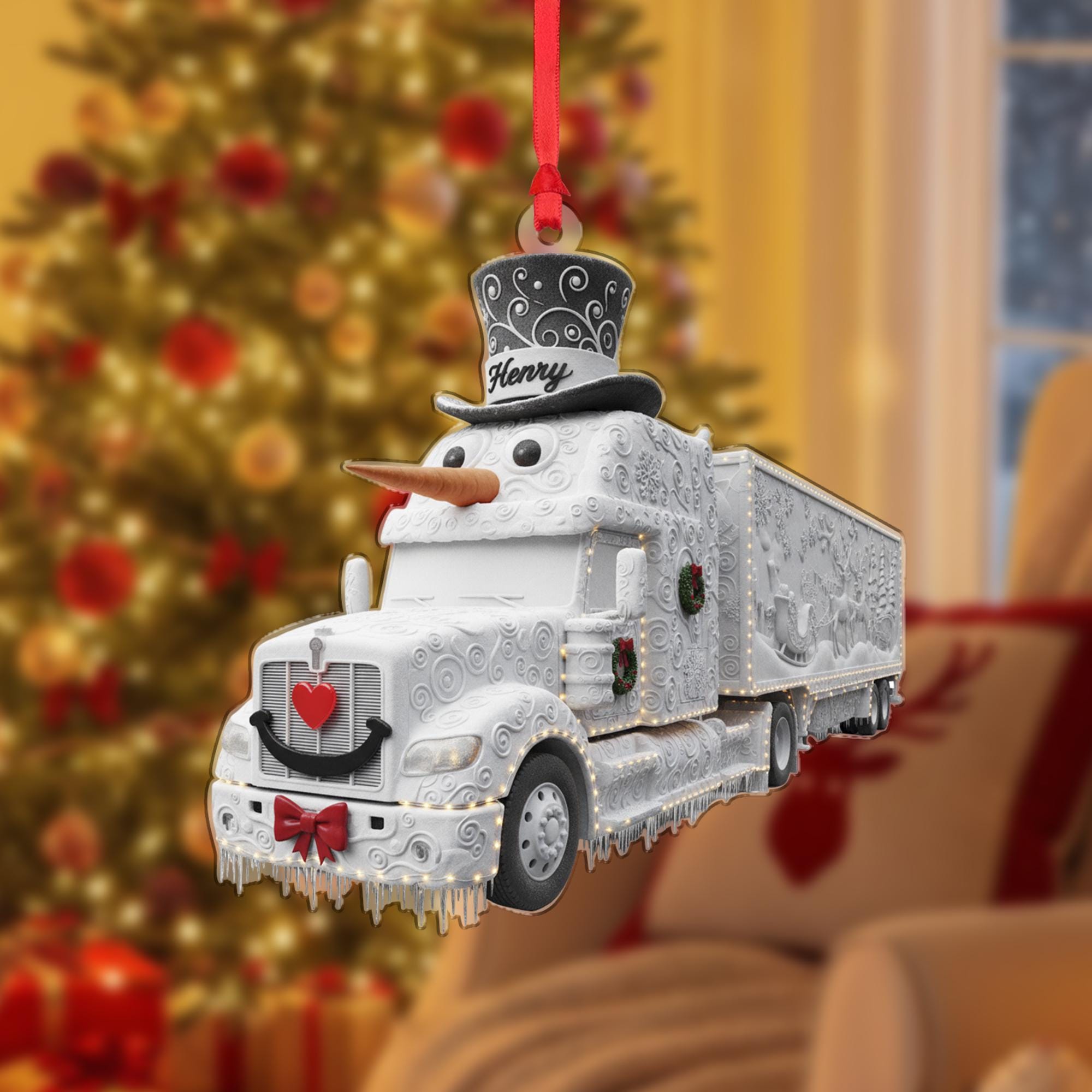 Personalized Acrylic Ornament: Snowman Semi Truck, Custom Name Hat, Frosted Detailing image 1