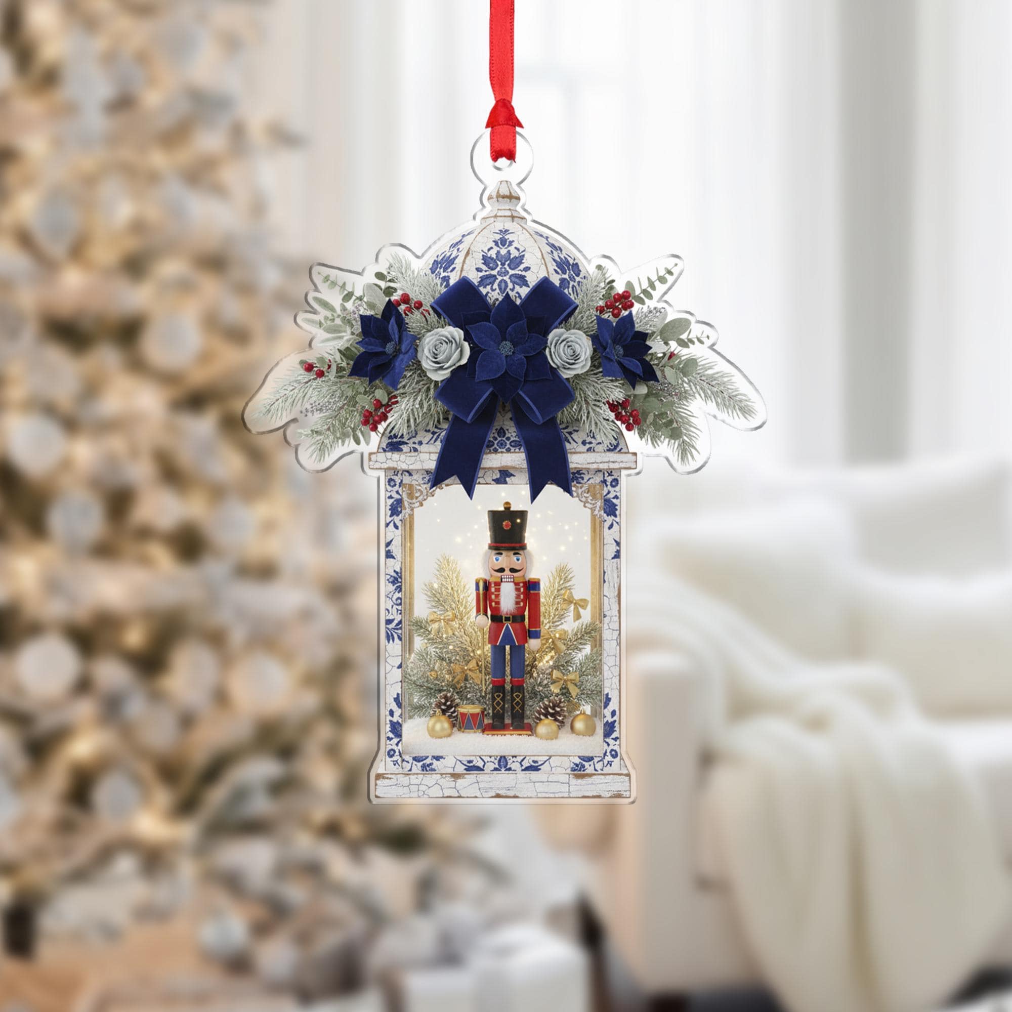 Acrylic Christmas Ornament: Nutcracker Lantern, Chinoiserie Style, Blue and White Decor image 2