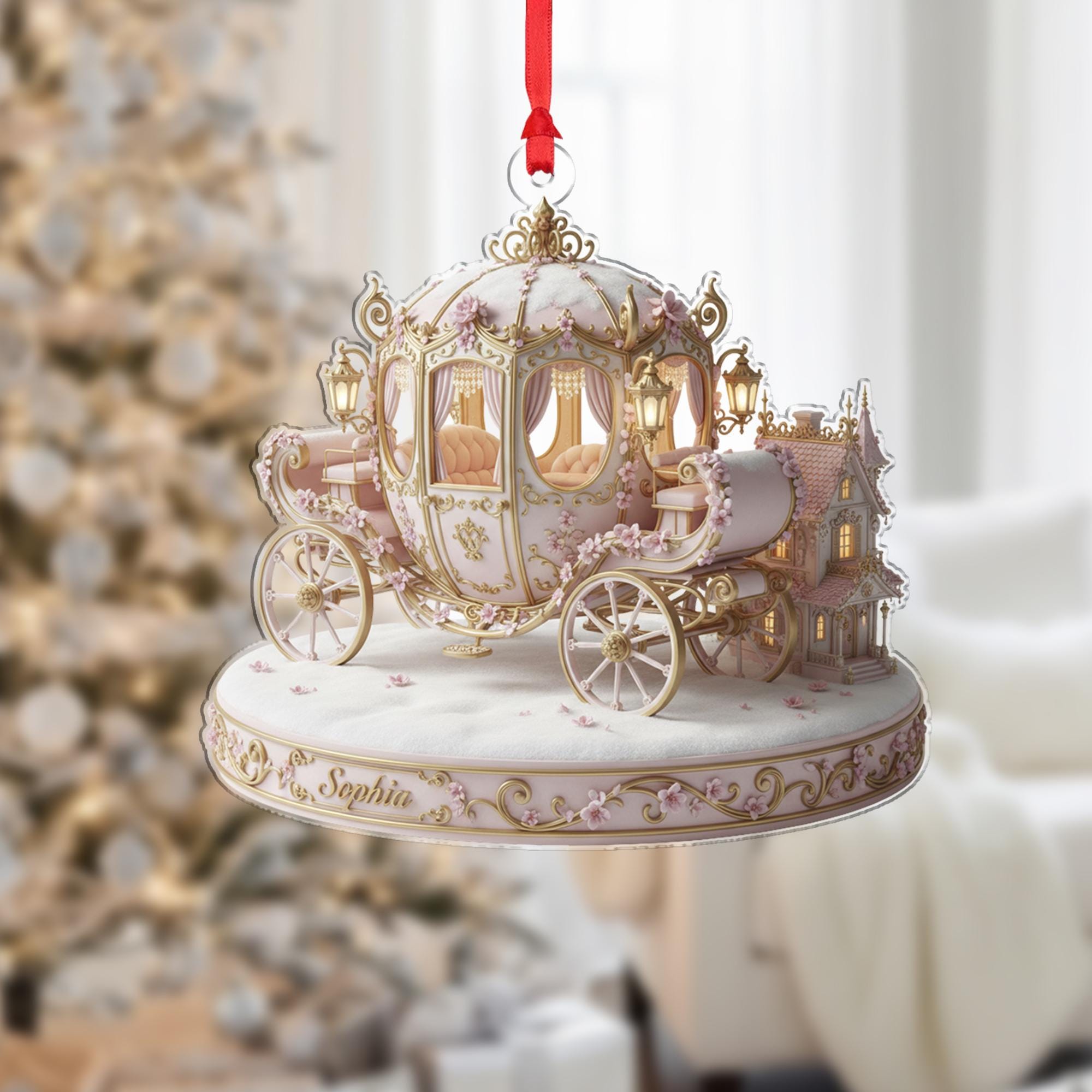 Personalized Acrylic Ornament: Royal Carriage, Custom Name, Pink Floral, Miniature House Scene image 2