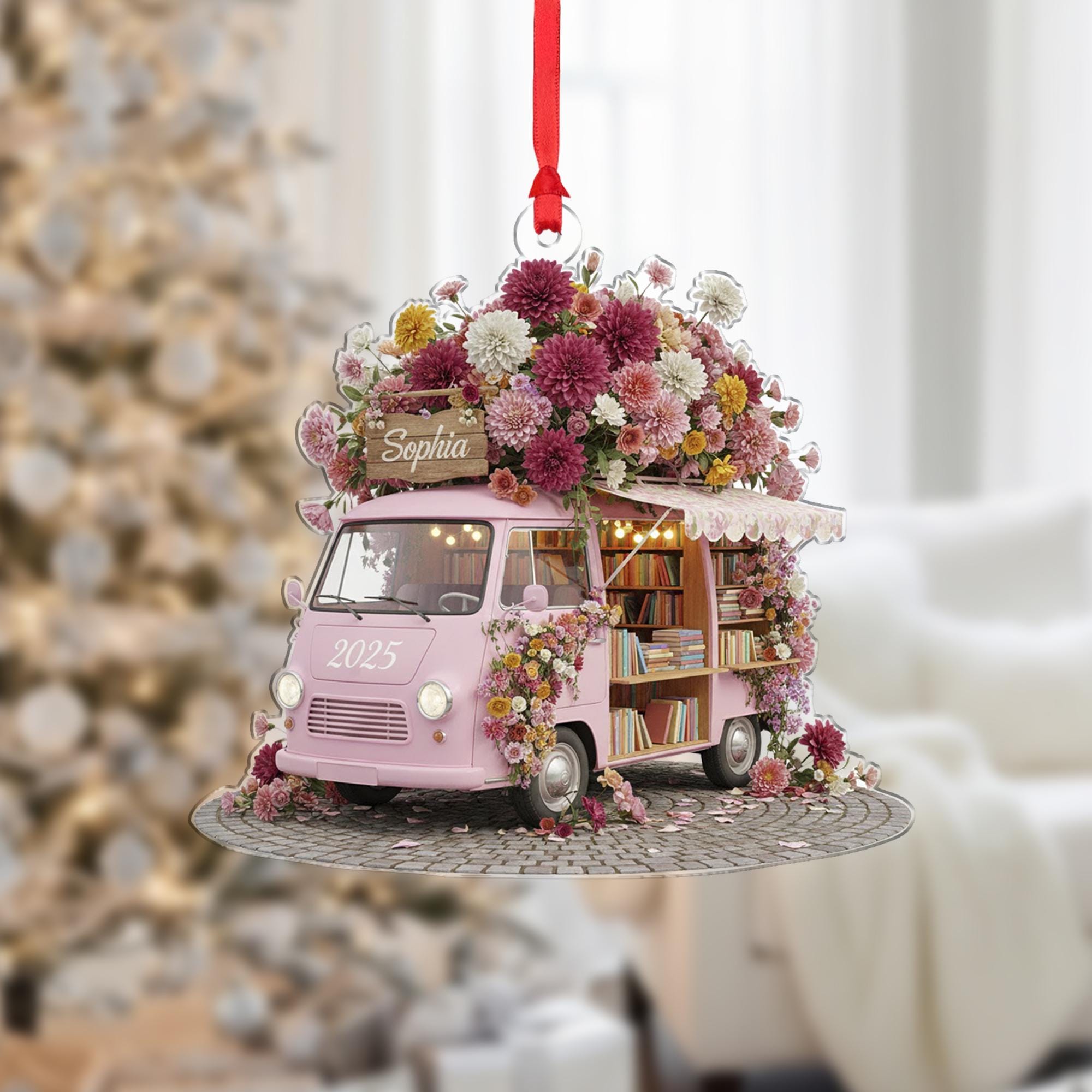 Personalized Acrylic Ornament: Mobile Bookstore Van, Custom Name Sign, Pink Floral, 2025 image 2