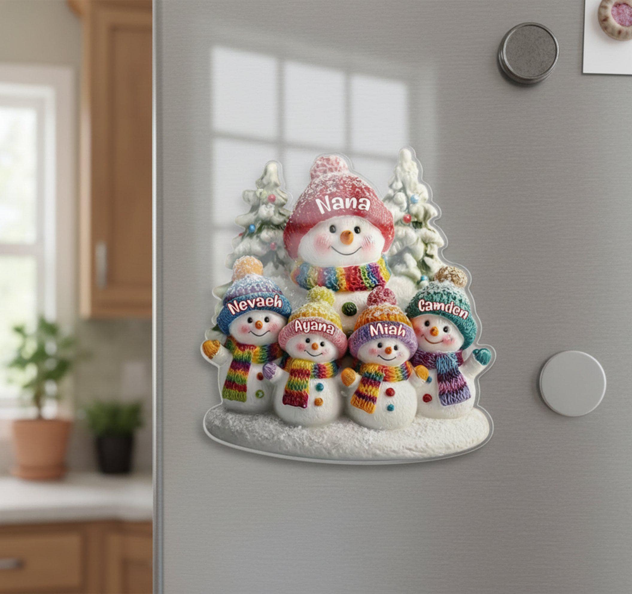 Custom Snowman Family Acrylic Fridge Magnet: Personalized Winter Decor image 1