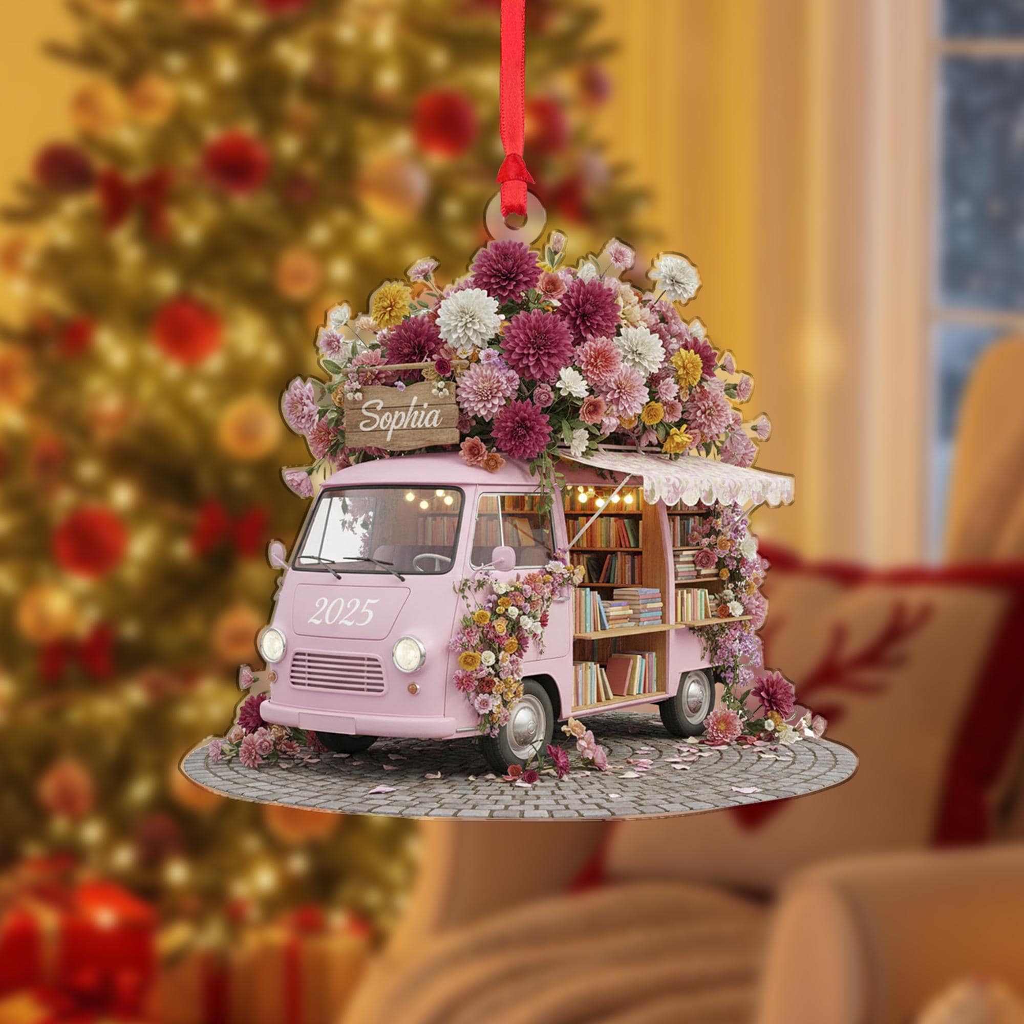 Personalized Acrylic Ornament: Mobile Bookstore Van, Custom Name Sign, Pink Floral, 2025 image 1