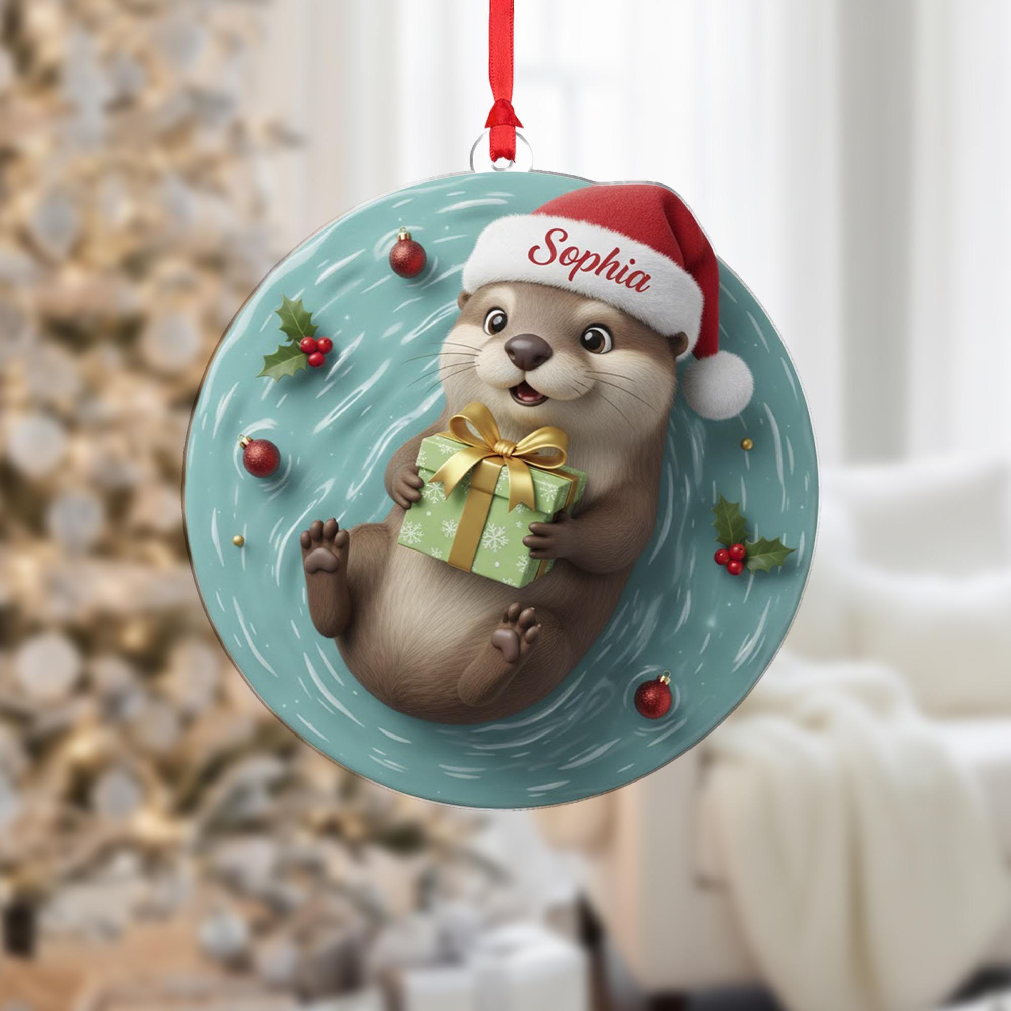 Personalized Acrylic Christmas Ornament: Floating Otter, Custom Name Santa Hat image 2