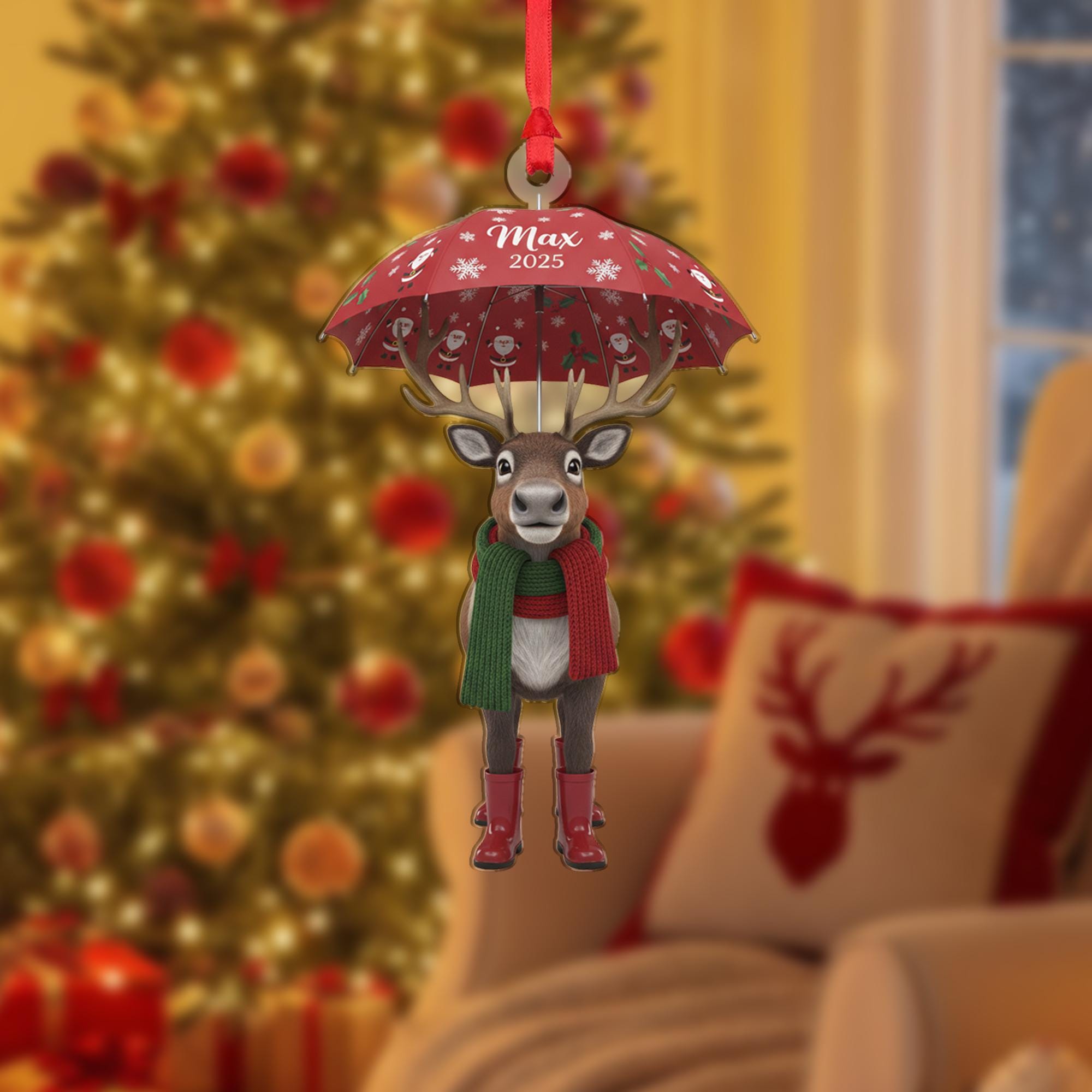 Personalized Acrylic Christmas Ornament: Reindeer with Umbrella, Custom Name, 2025 image 2