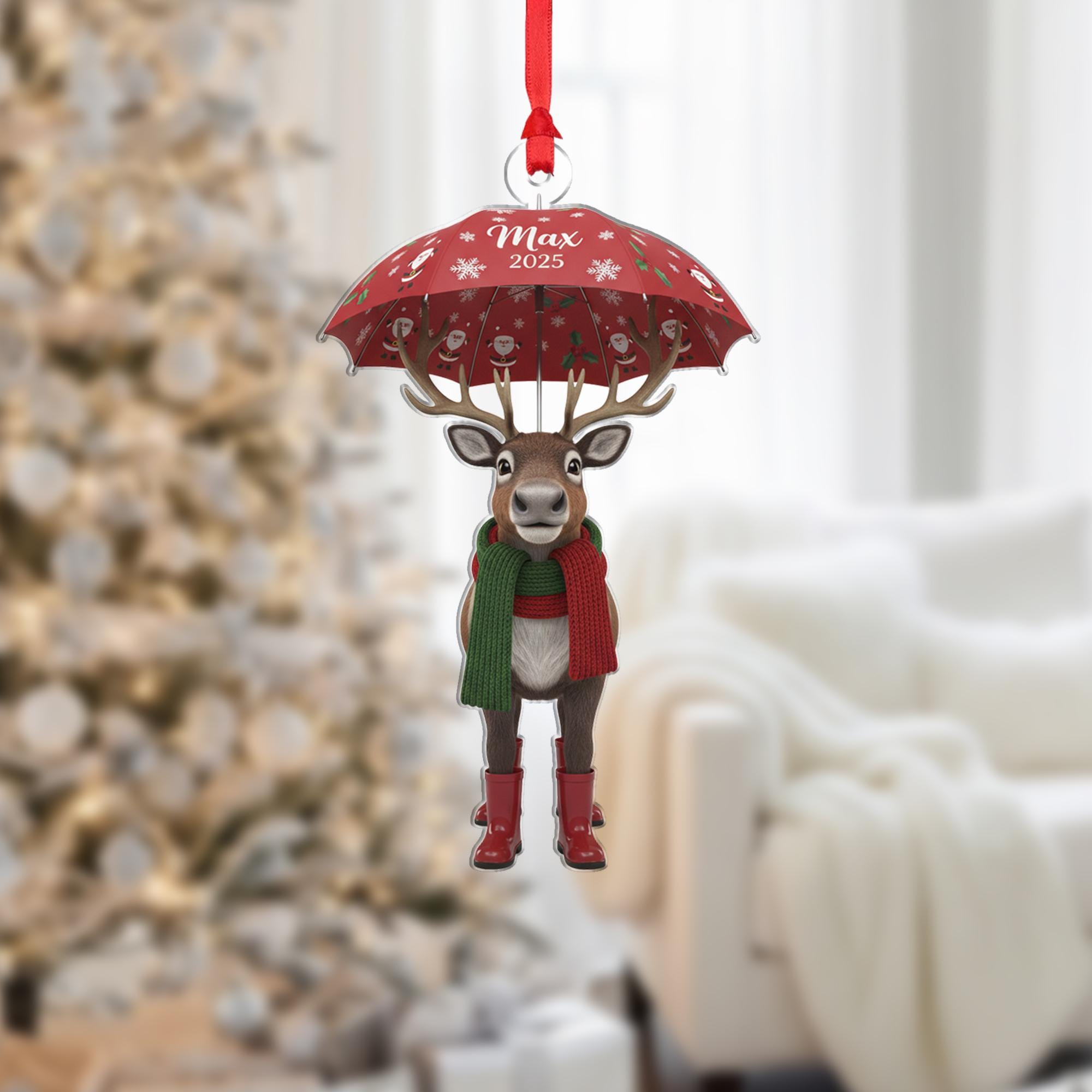 Personalized Acrylic Christmas Ornament: Reindeer with Umbrella, Custom Name, 2025 image 1