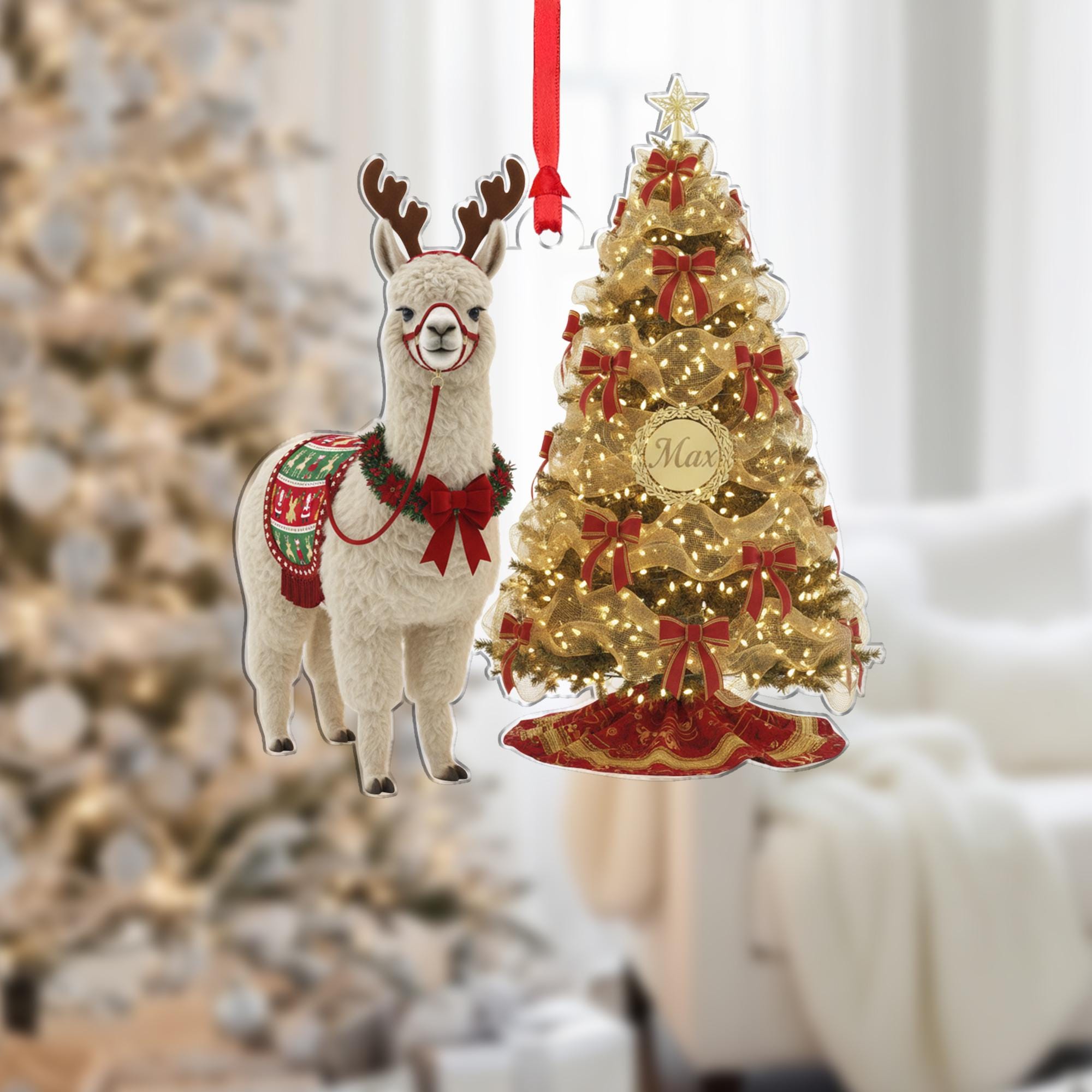 Personalized Acrylic Ornament: Christmas Alpaca, Custom Name Tree, Reindeer Antlers image 1