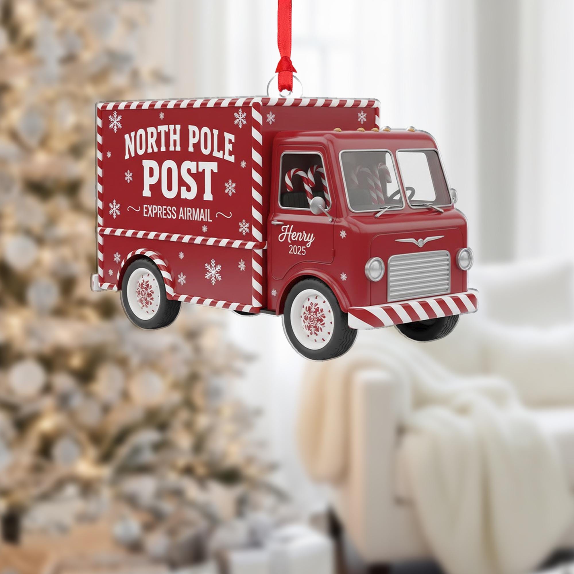 Personalized Acrylic Ornament: North Pole Post Truck, Custom Name, 2025, Express Airmail image 1