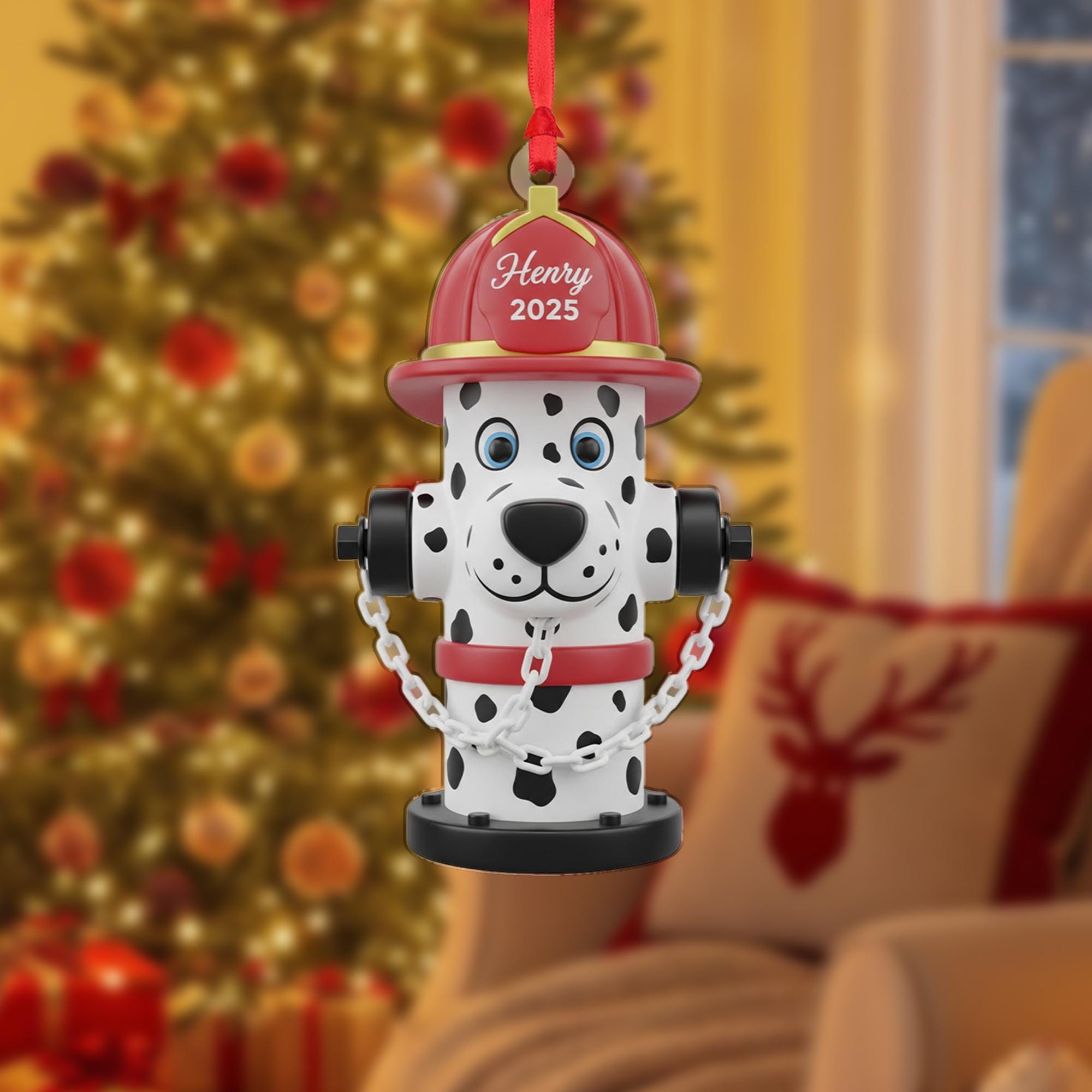 Personalized Acrylic Ornament: Dalmatian Fire Hydrant, Custom Name Helmet, 2025 image 2