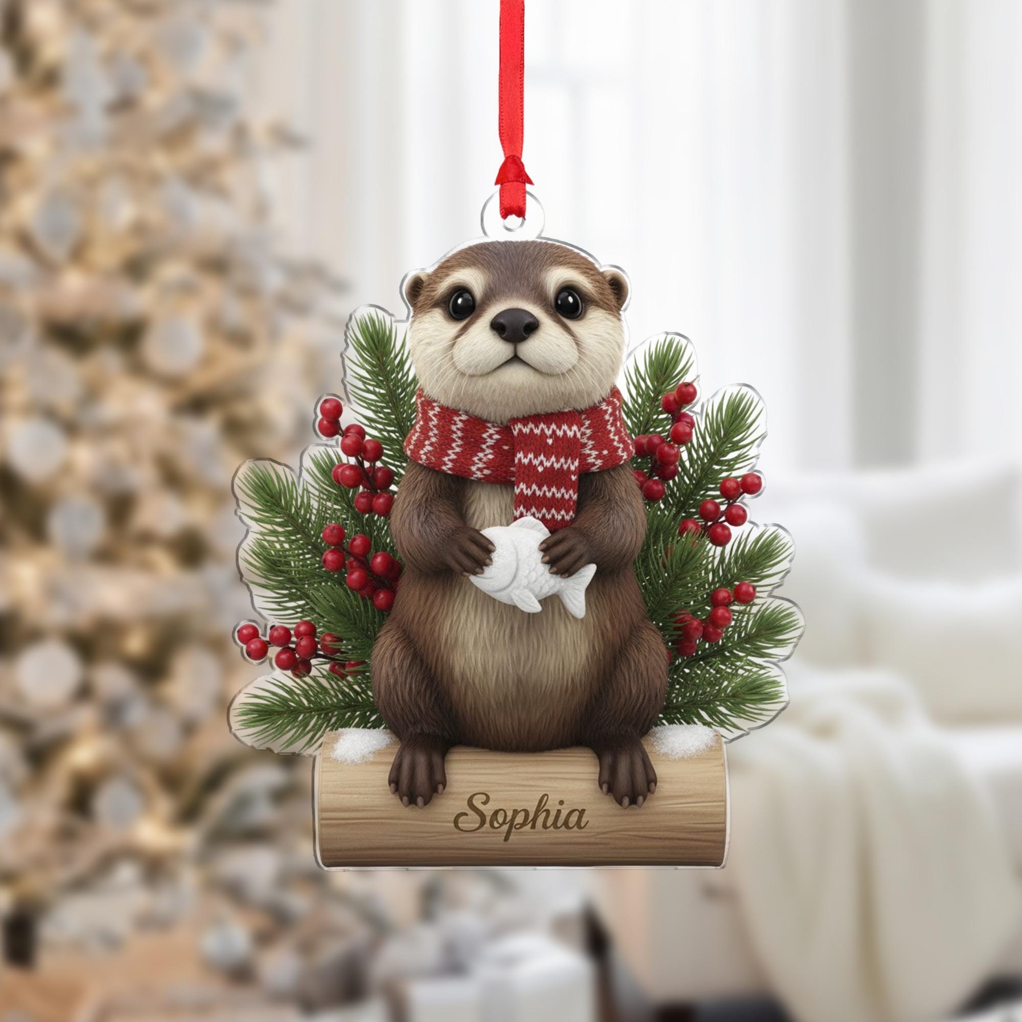 Personalized Acrylic Christmas Ornament: Otter on Log, Custom Name, Holding Fish image 1