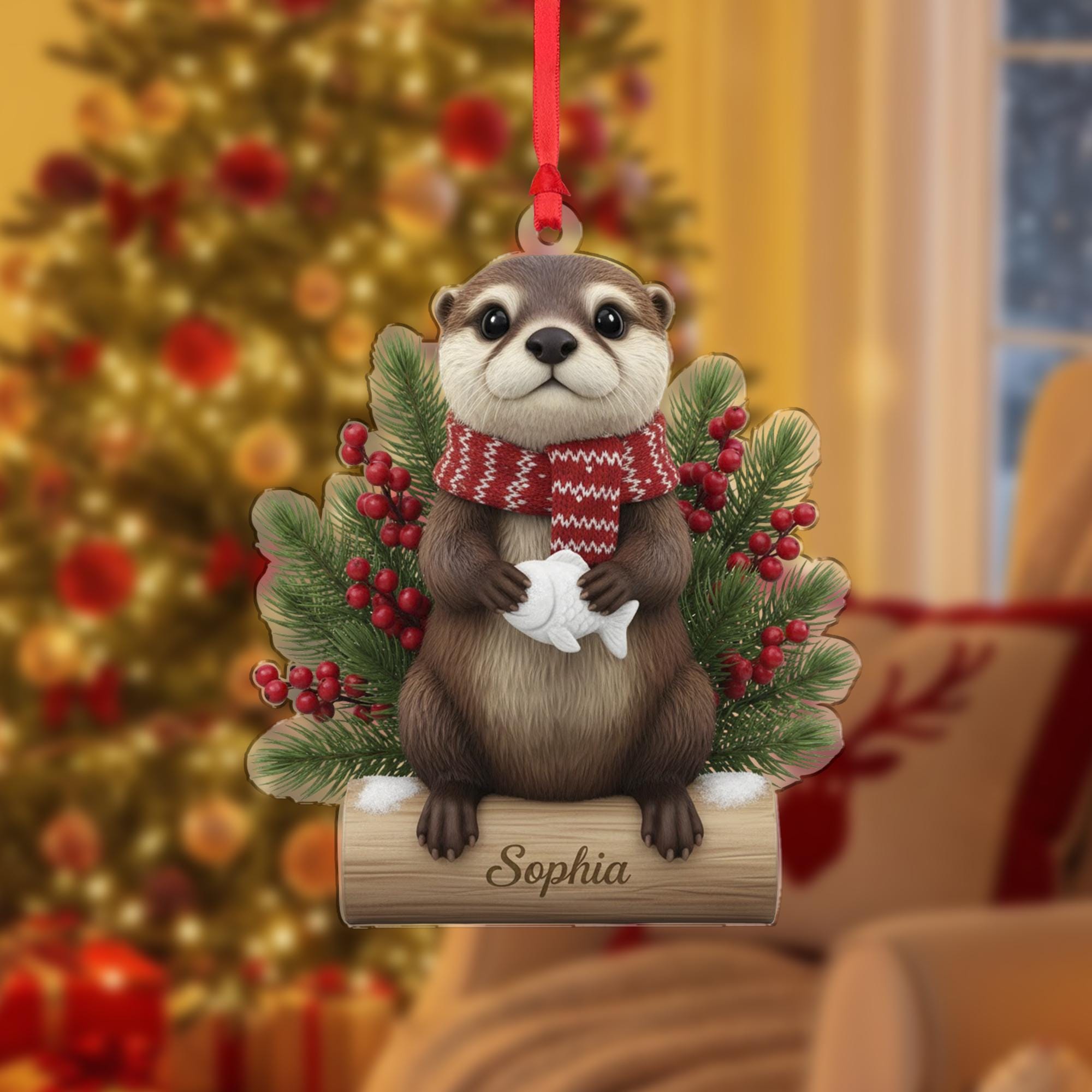 Personalized Acrylic Christmas Ornament: Otter on Log, Custom Name, Holding Fish image 2