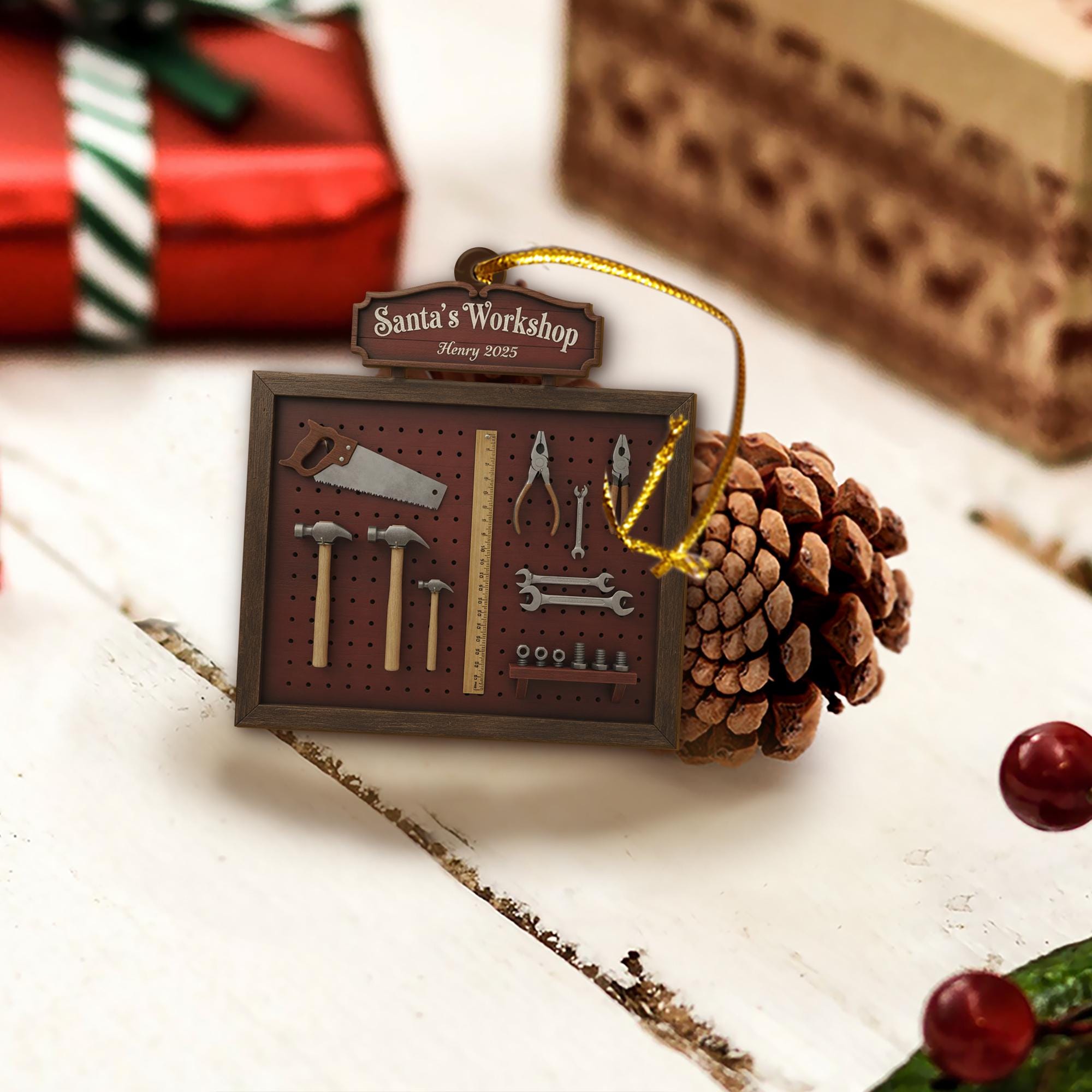 Personalized Ornament: Santa's Workshop, Tool Pegboard, Custom Name, 2025 image 2