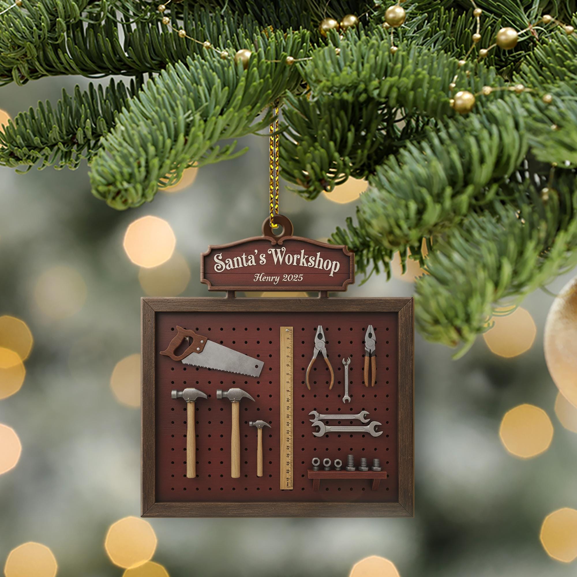 Personalized Ornament: Santa's Workshop, Tool Pegboard, Custom Name, 2025 image 1