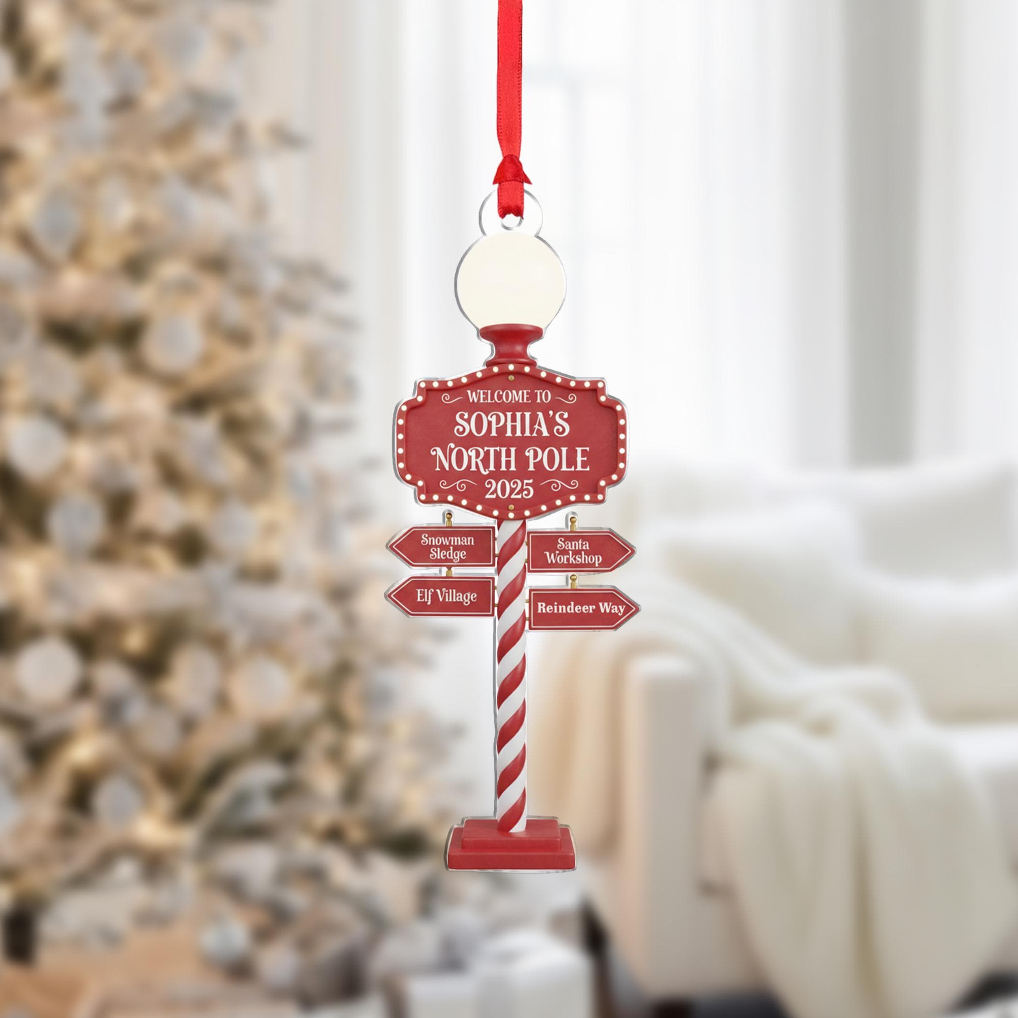 Personalized Acrylic Ornament: North Pole Signpost, Custom Name, 2025 image 1