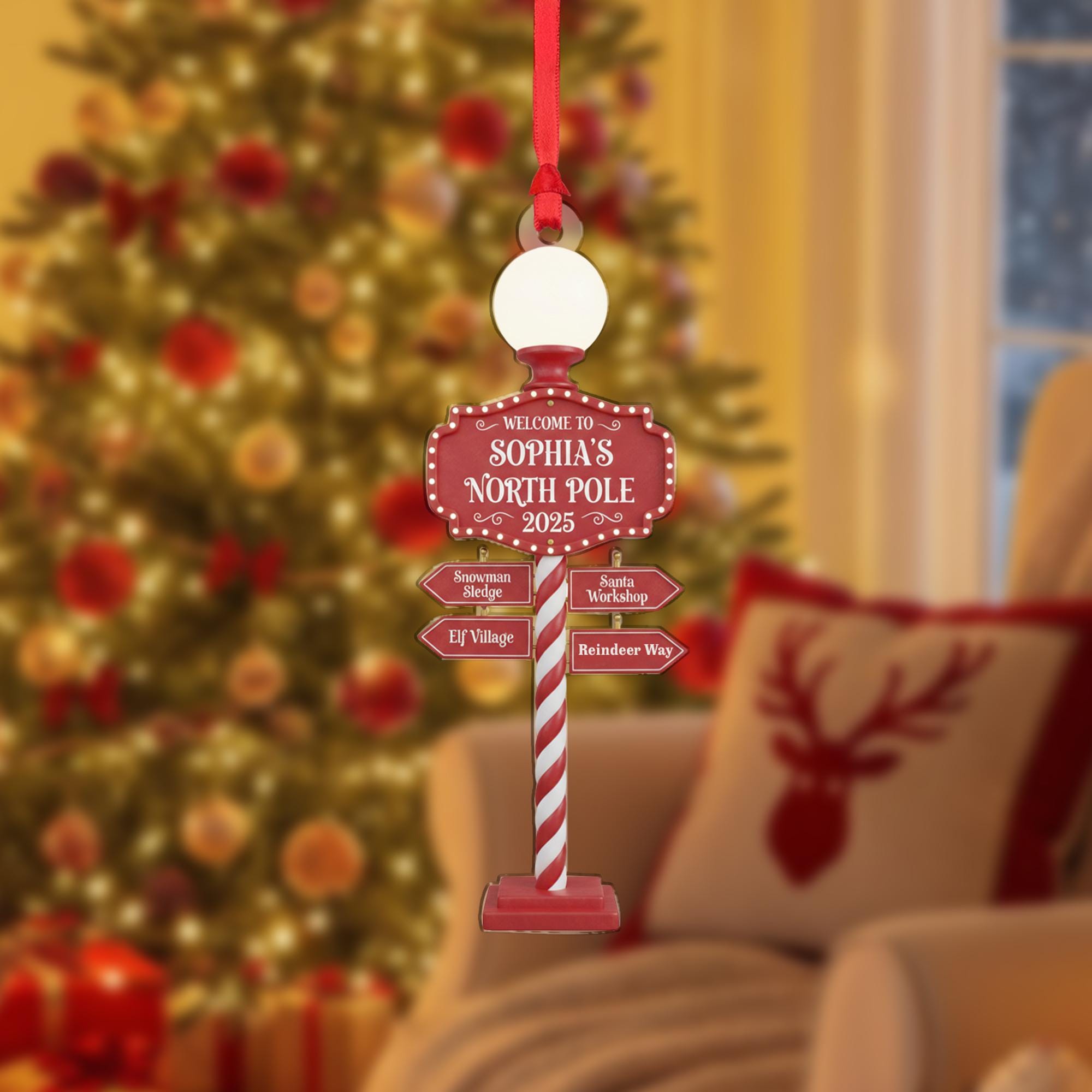 Personalized Acrylic Ornament: North Pole Signpost, Custom Name, 2025 image 2
