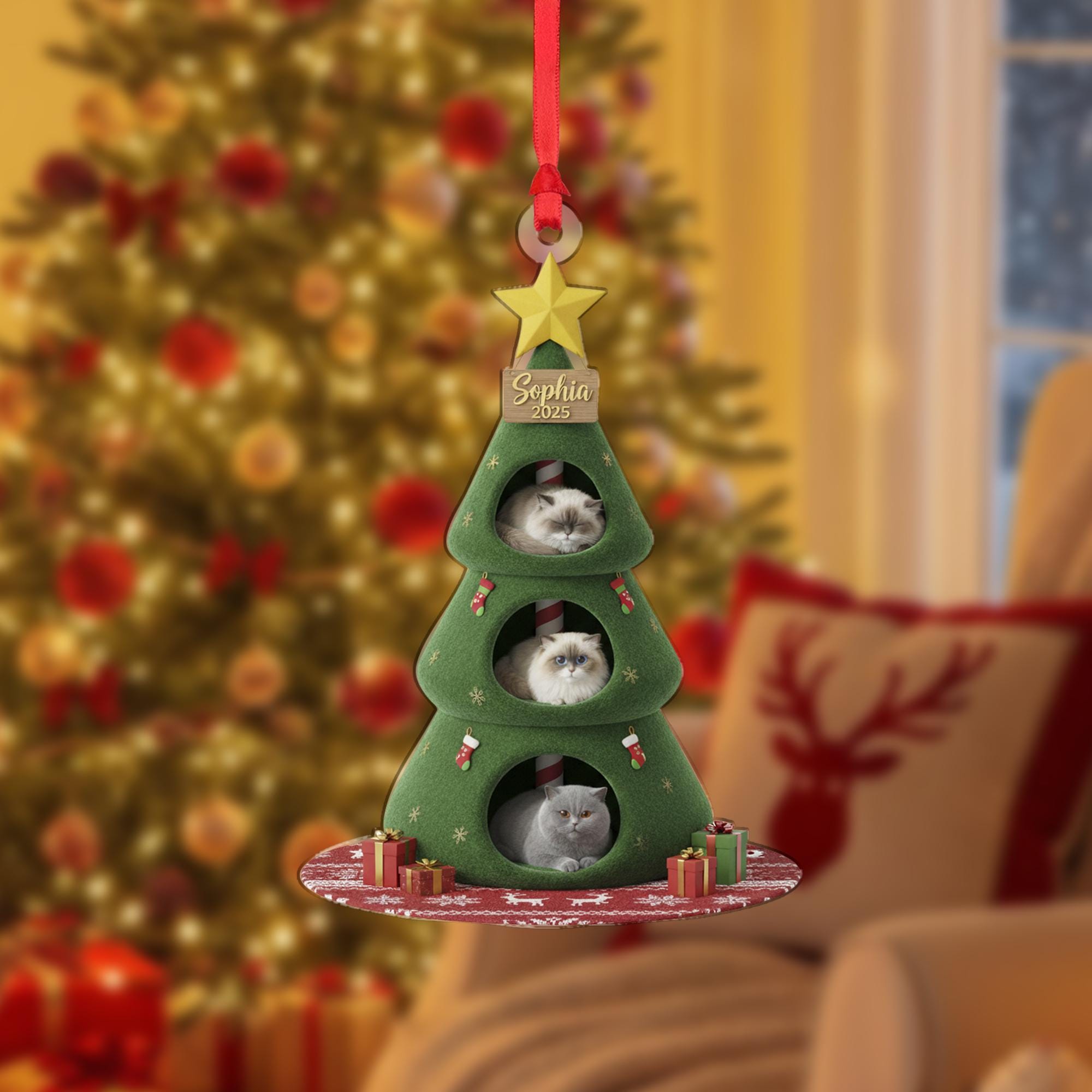 Personalized Cat Photo Ornament: Christmas Tree, Custom Name, Acrylic image 2