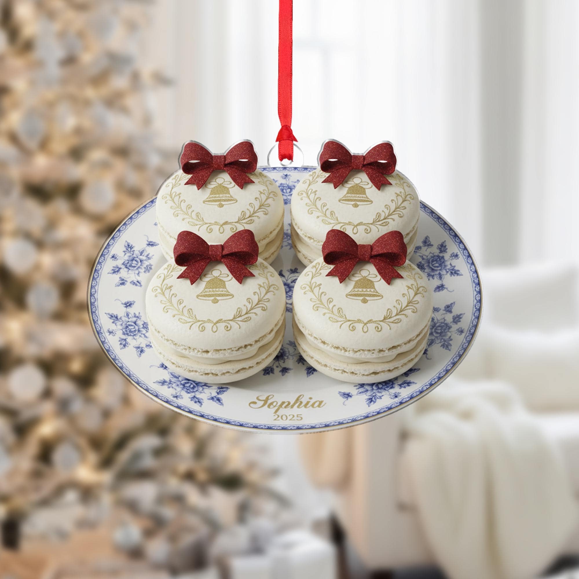 Personalized Acrylic Christmas Ornament: Macarons on Plate, Chinoiserie Style, Custom Name image 1