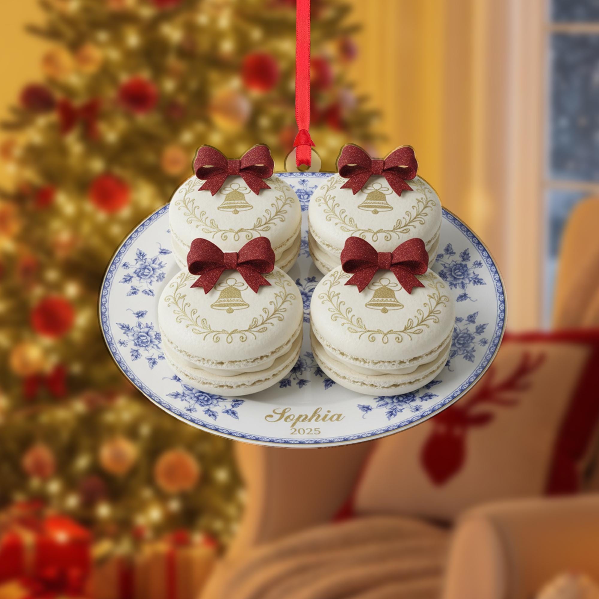 Personalized Acrylic Christmas Ornament: Macarons on Plate, Chinoiserie Style, Custom Name image 2