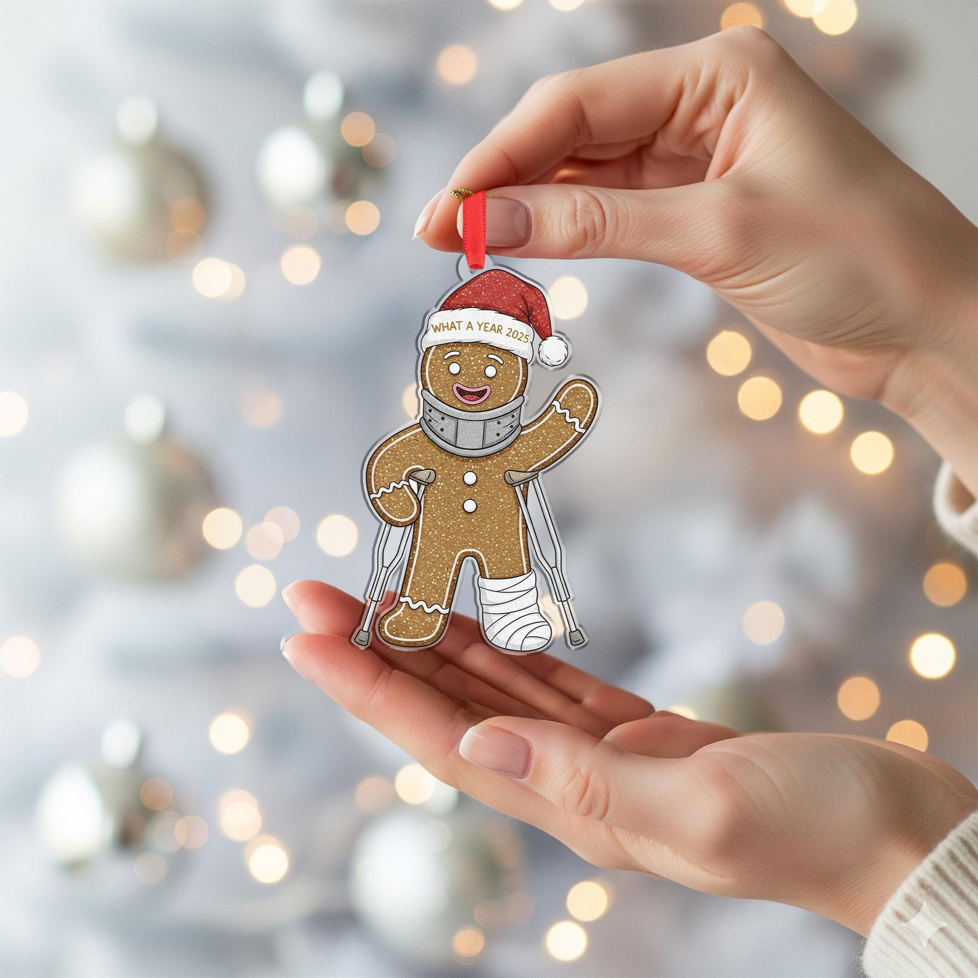 Acrylic Gingerbread Ornament – What a Year 2025 Design with Cast and Crutches image 4