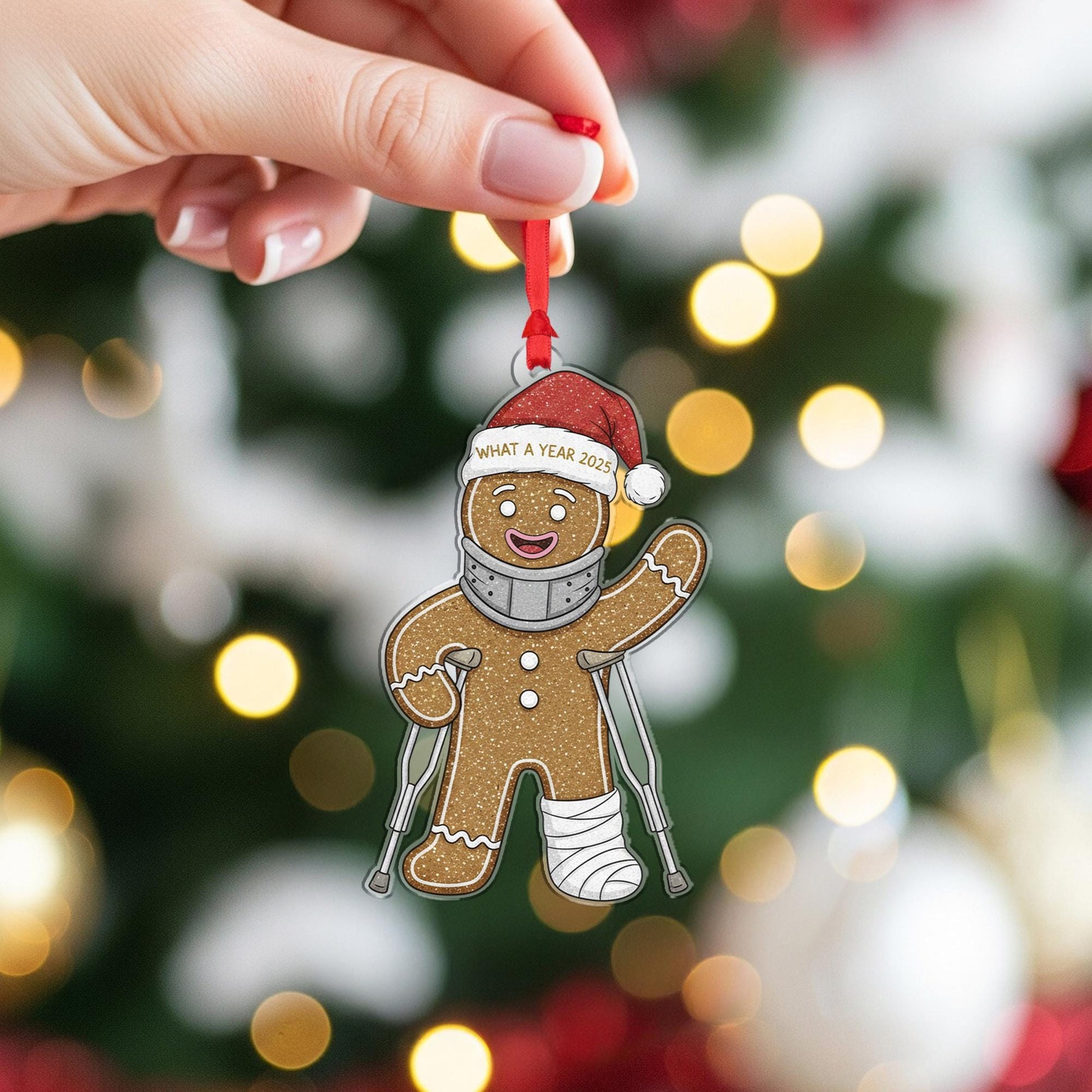 Acrylic Gingerbread Ornament – What a Year 2025 Design with Cast and Crutches image 3