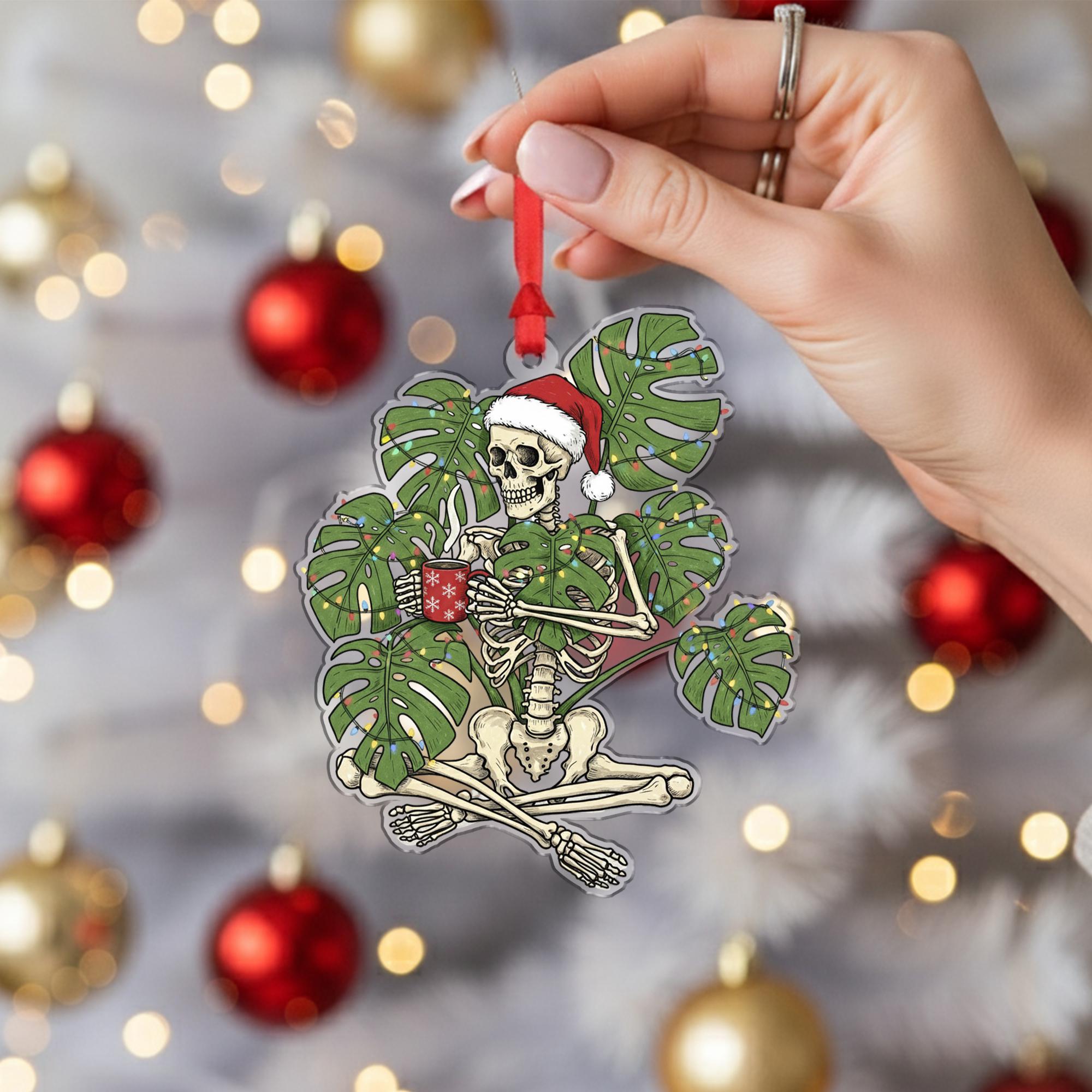Acrylic Skeleton Ornament – Santa Hat Design with Monstera Leaves and Holiday Theme image 2