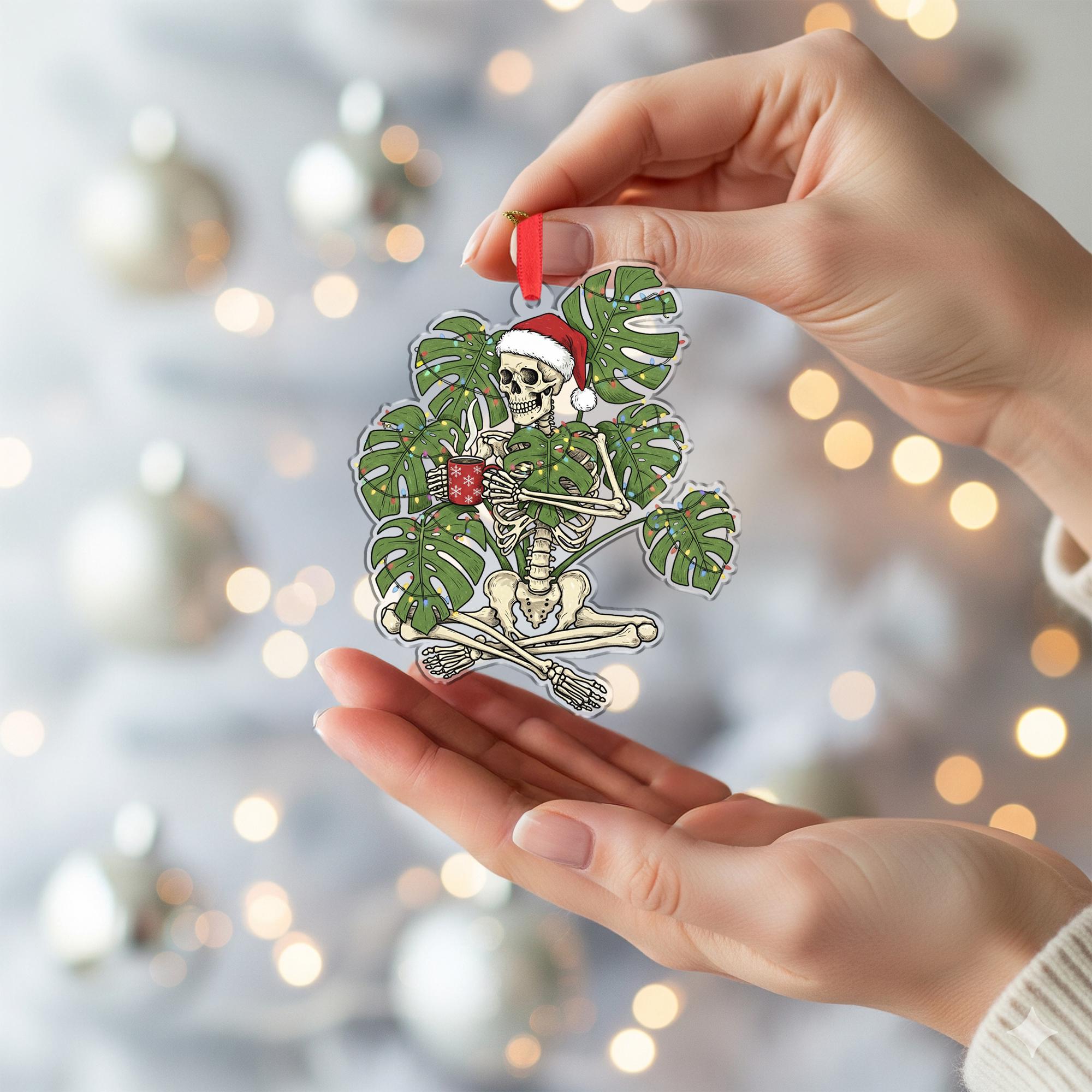 Acrylic Skeleton Ornament – Santa Hat Design with Monstera Leaves and Holiday Theme image 4