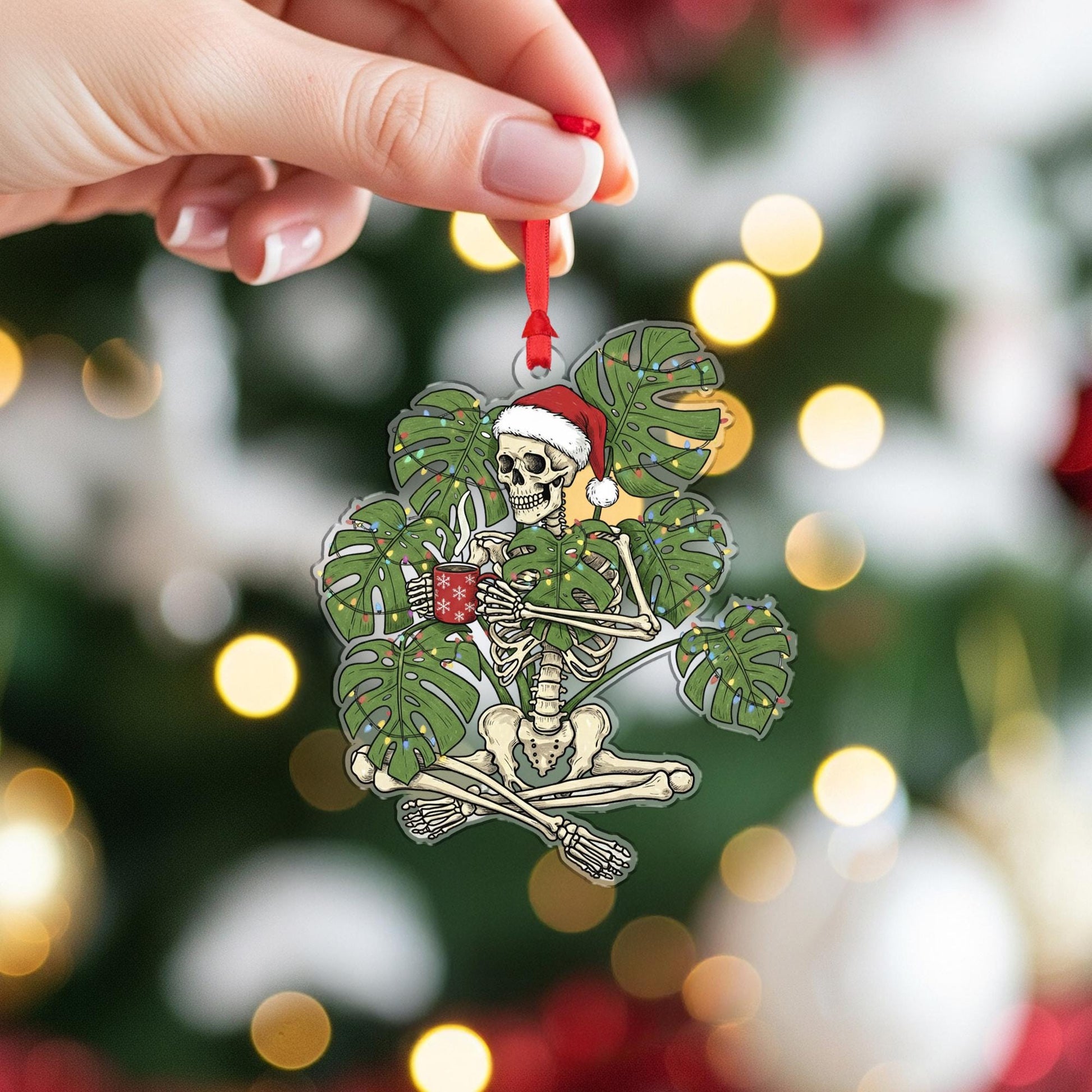 Acrylic Skeleton Ornament – Santa Hat Design with Monstera Leaves and Holiday Theme image 3
