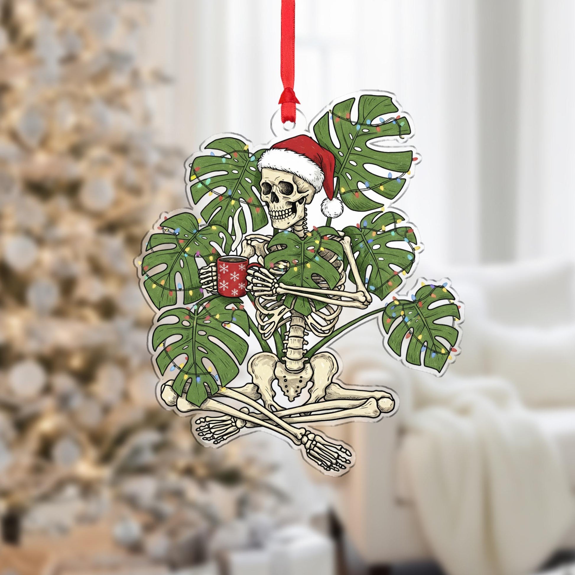 Acrylic Skeleton Ornament – Santa Hat Design with Monstera Leaves and Holiday Theme image 7